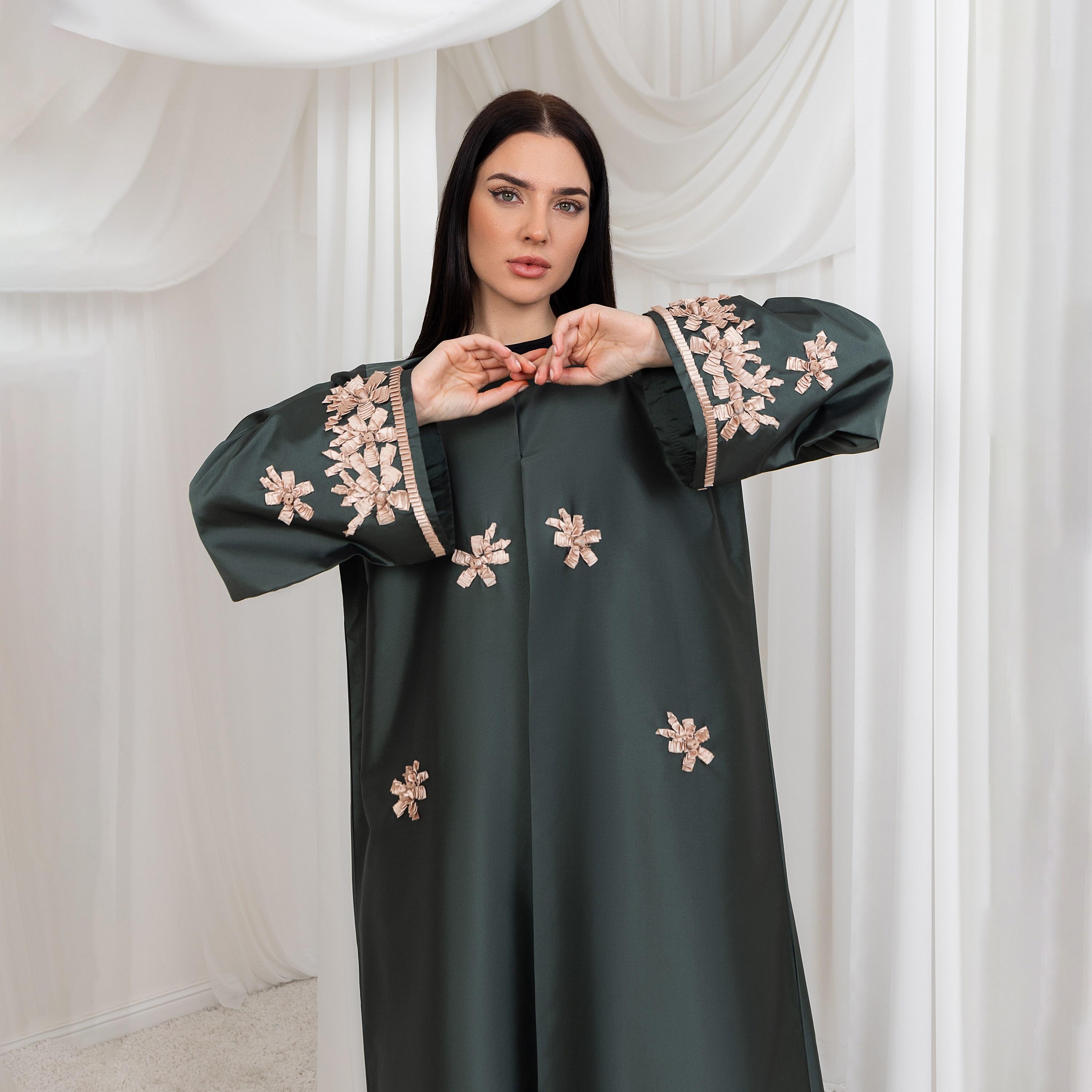 Moistreet Green Floral Applique Designed Cuff Sleeves Victoria Satin Women's Abaya with Hijab-women-arabicclothing-abayas-image-2