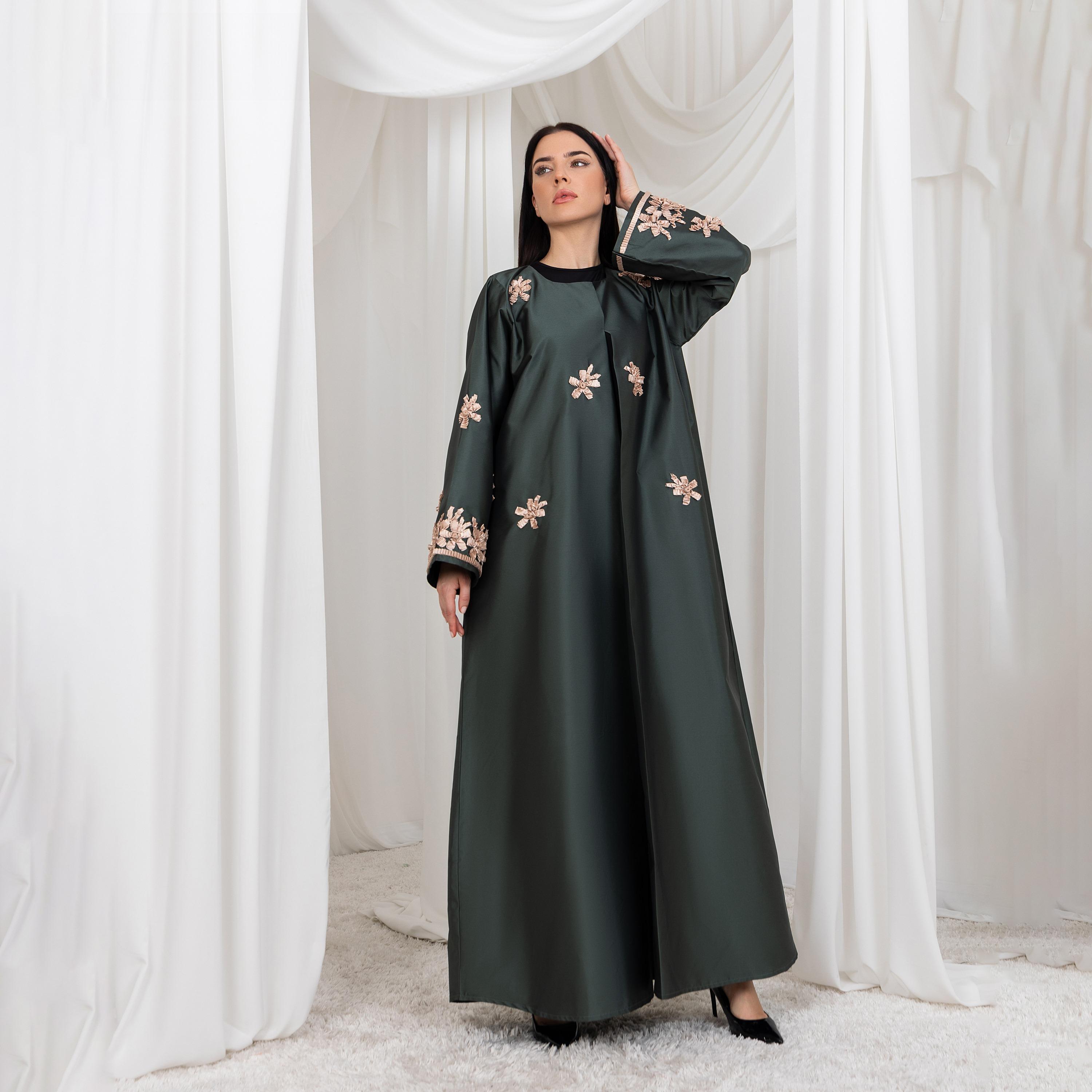 Moistreet Green Floral Applique Designed Cuff Sleeves Victoria Satin Women's Abaya with Hijab-women-arabicclothing-abayas-image-3