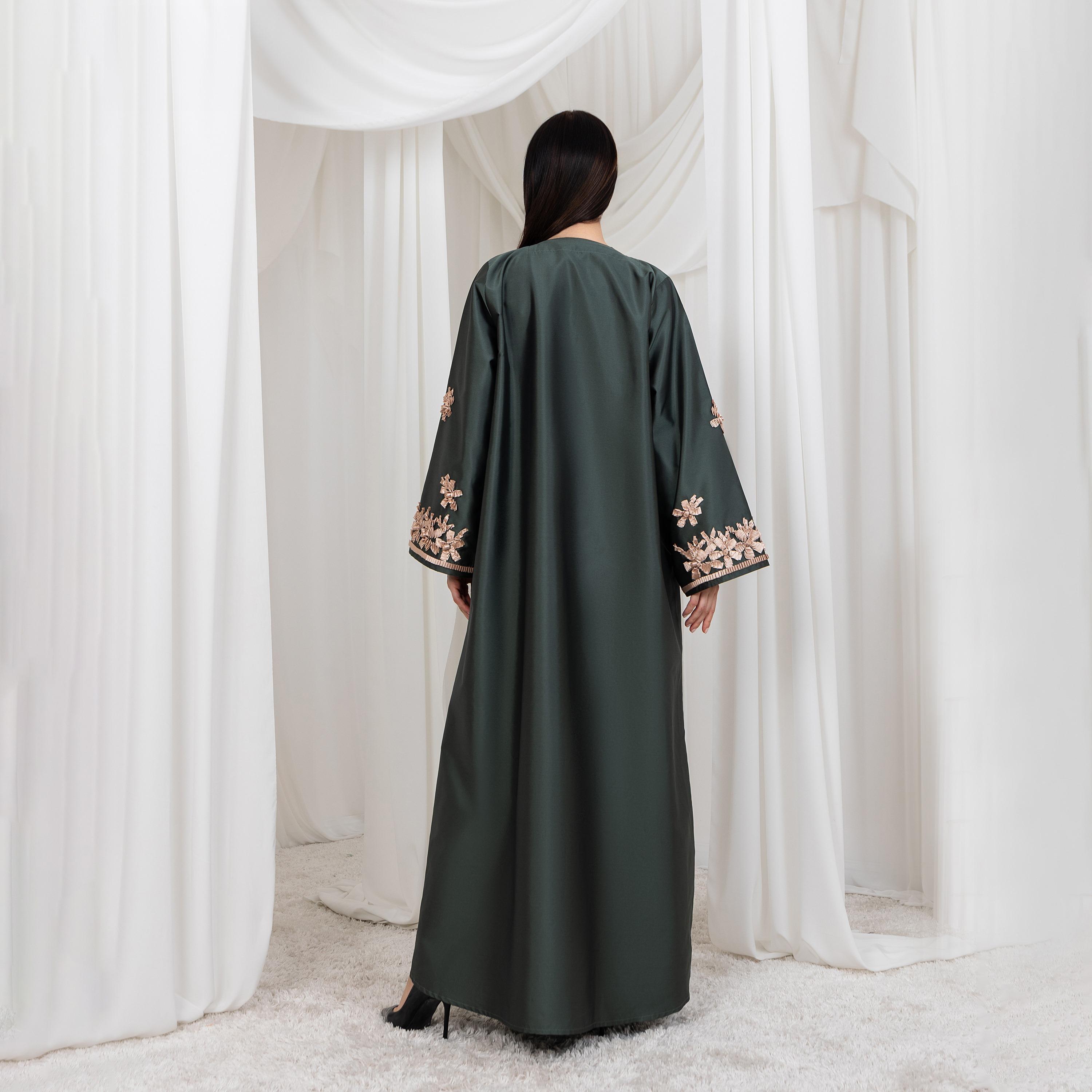Moistreet Green Floral Applique Designed Cuff Sleeves Victoria Satin Women's Abaya with Hijab-women-arabicclothing-abayas-image-4