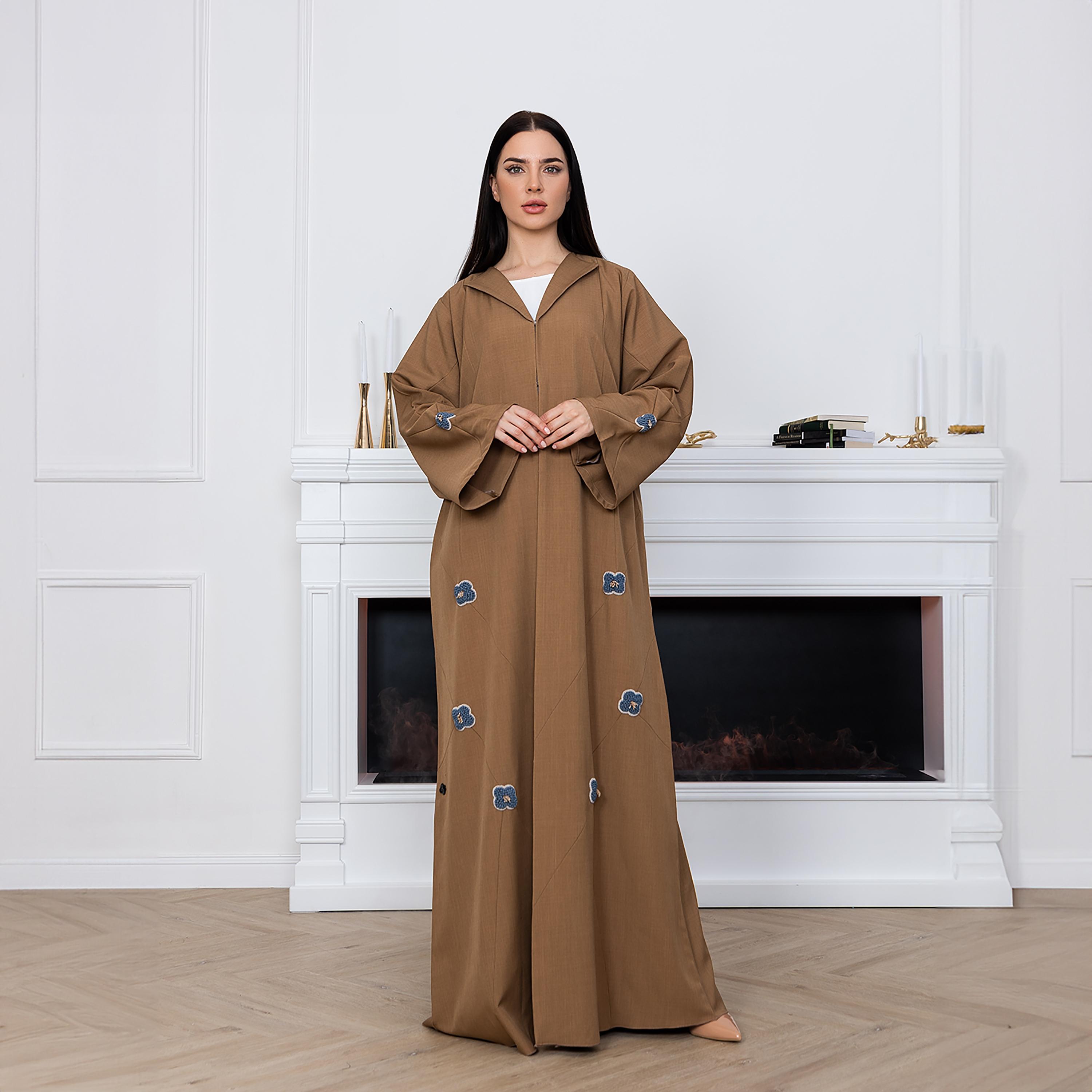 Moistreet Brown Embroidered Lapel Collared Wide Sleeves Melange Women's Abaya with Hijab-women-arabicclothing-abayas-image-1