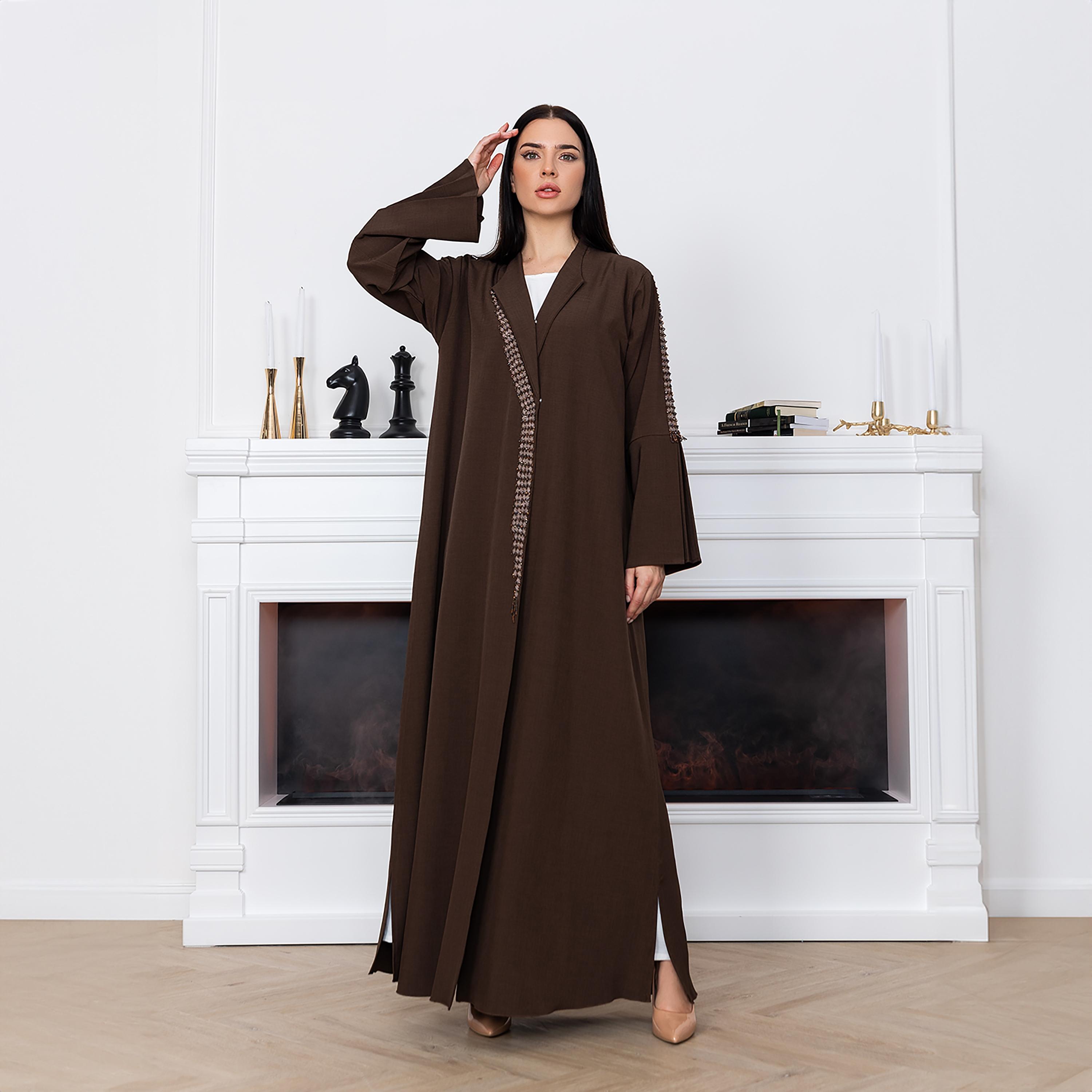 Moistreet Brown Embroidered & Beaded Lapel Collared Bell Sleeves Melange Women's Abaya with Hijab-women-arabicclothing-abayas-image-1