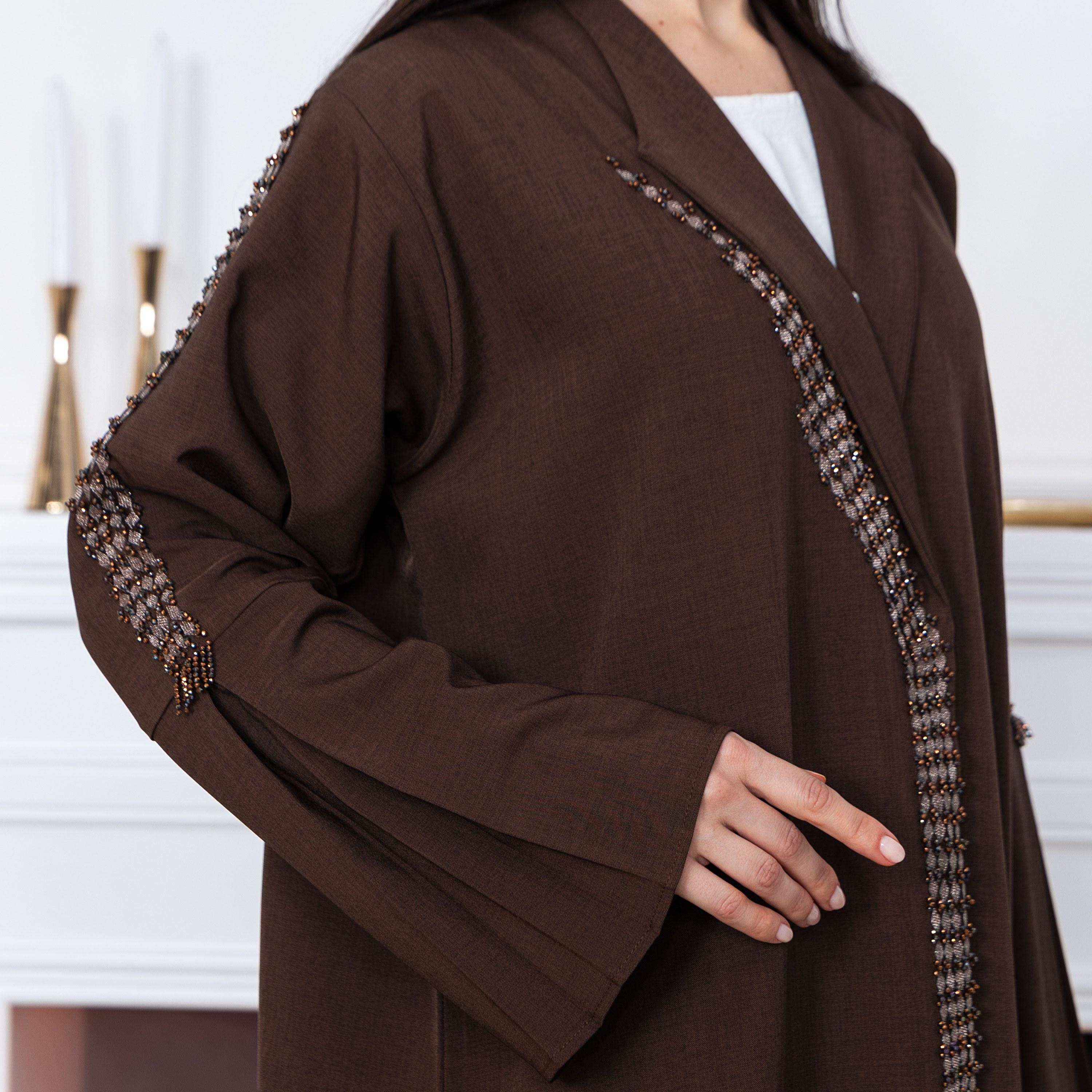 Moistreet Brown Embroidered & Beaded Lapel Collared Bell Sleeves Melange Women's Abaya with Hijab-women-arabicclothing-abayas-image-2