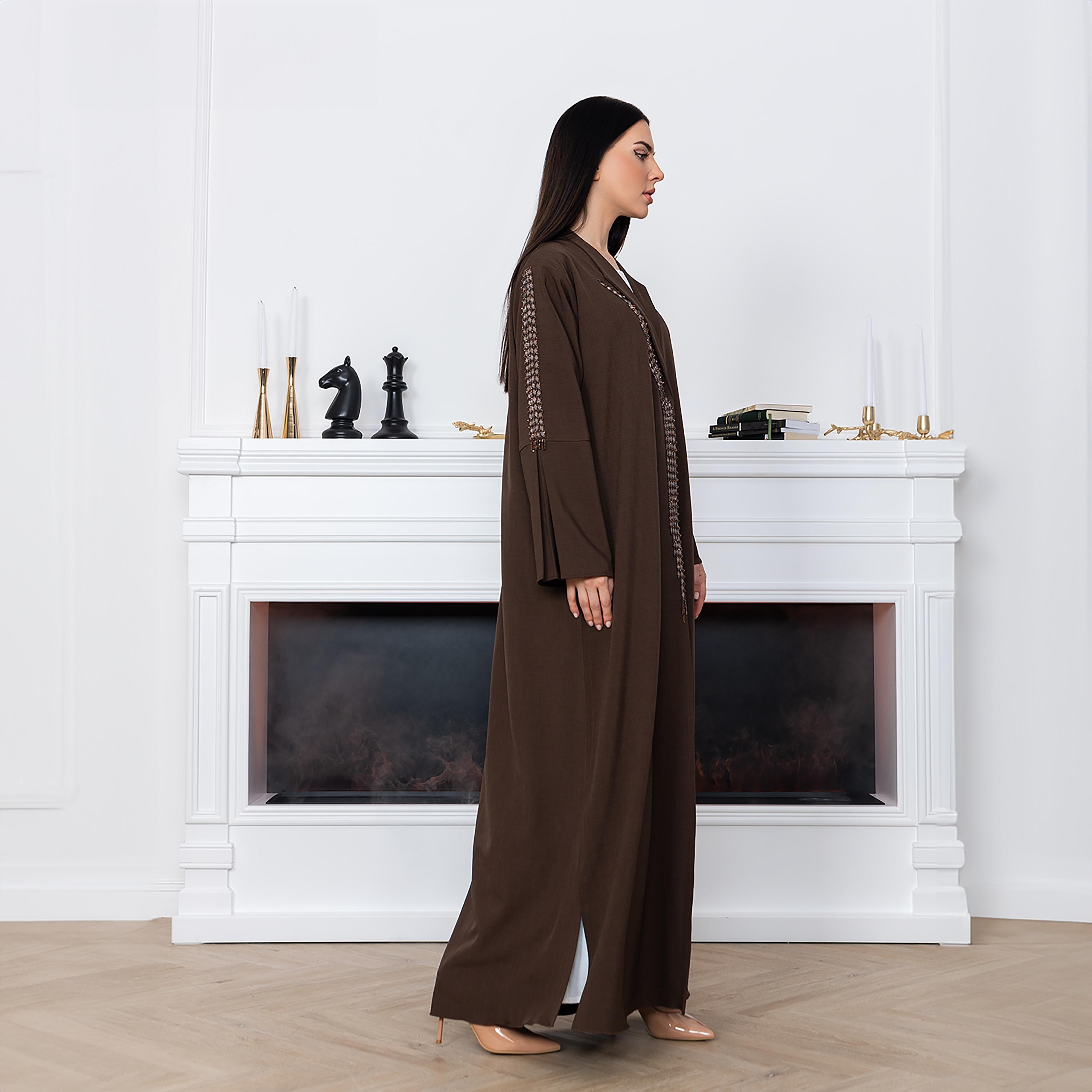 Moistreet Brown Embroidered & Beaded Lapel Collared Bell Sleeves Melange Women's Abaya with Hijab-women-arabicclothing-abayas-image-3