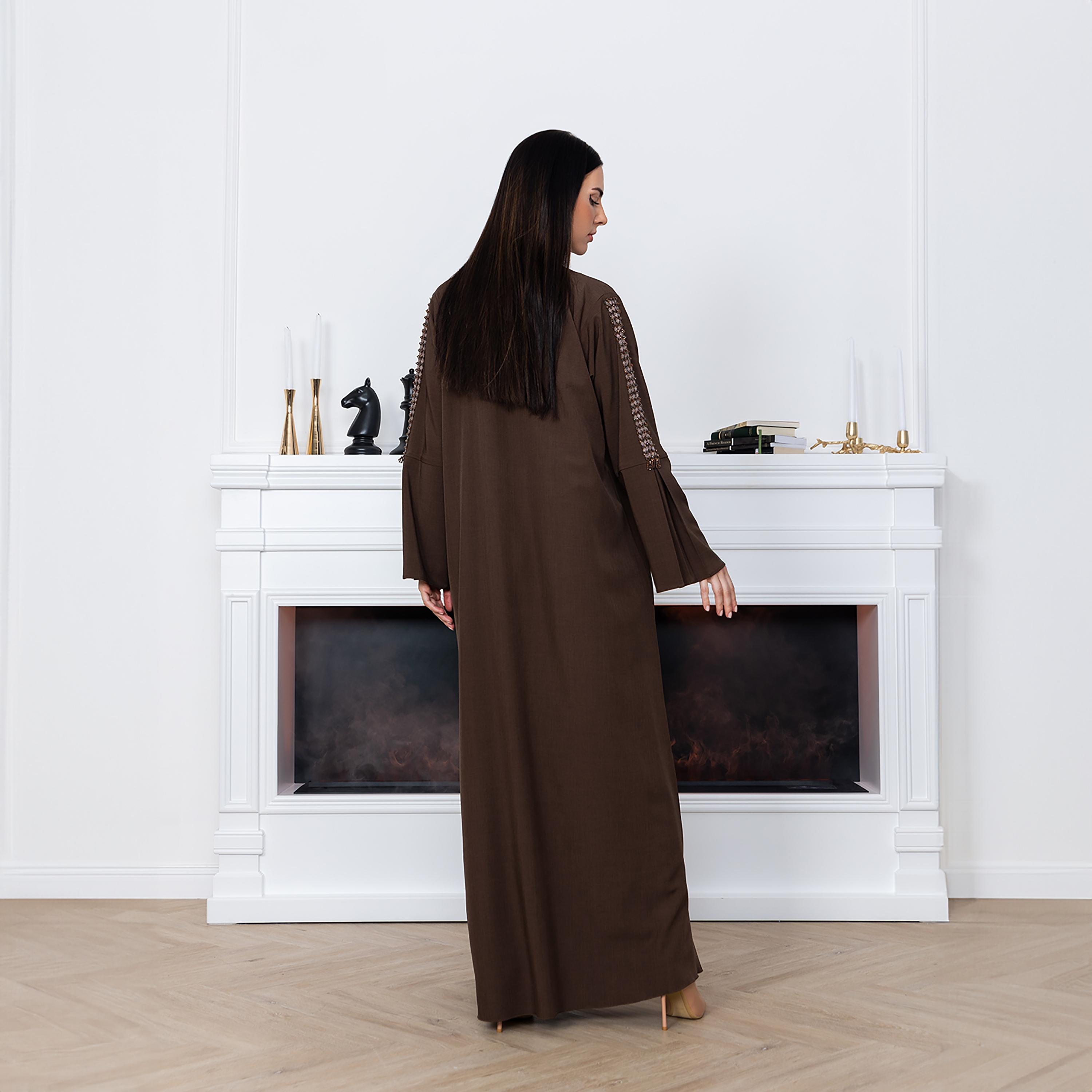 Moistreet Brown Embroidered & Beaded Lapel Collared Bell Sleeves Melange Women's Abaya with Hijab-women-arabicclothing-abayas-image-4
