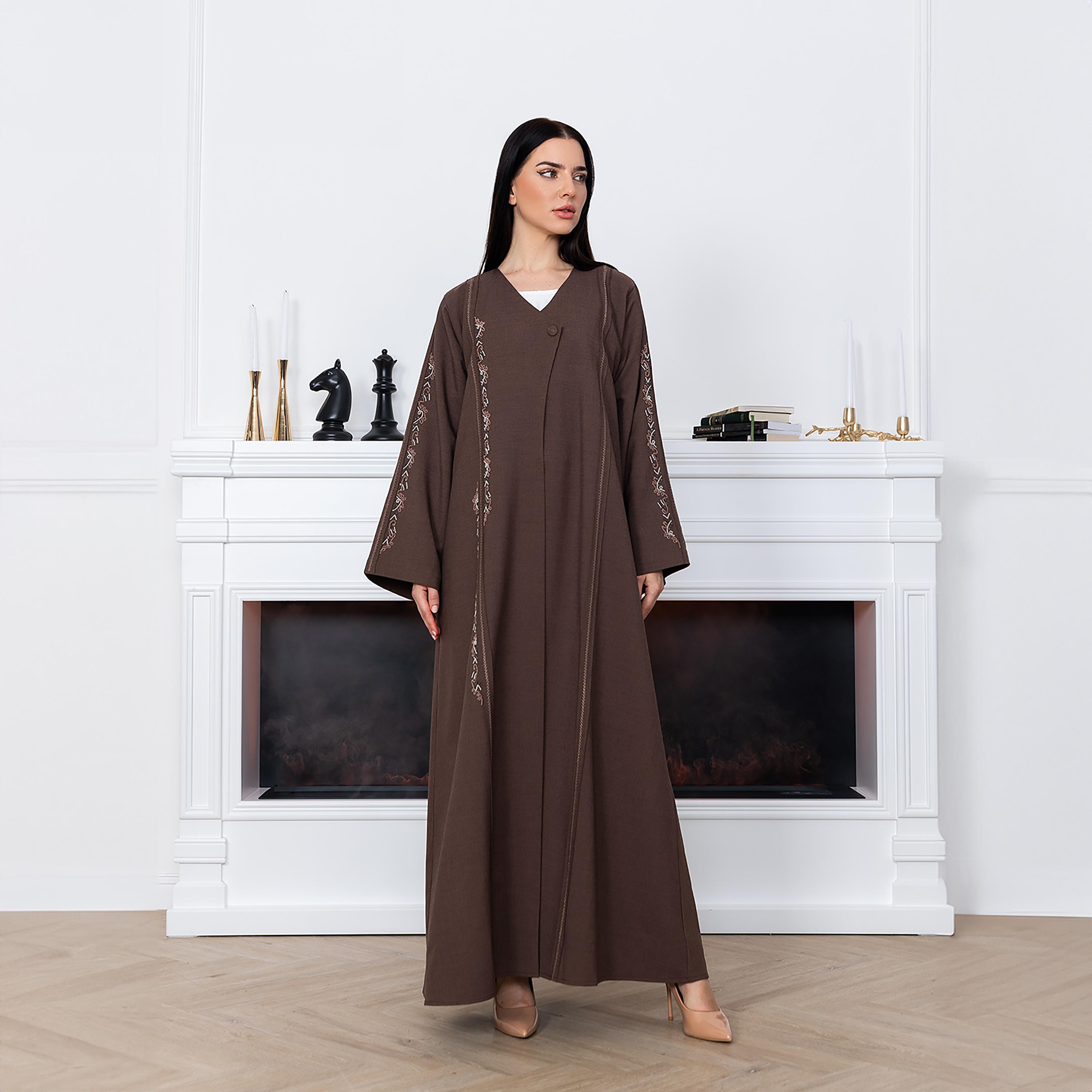 Moistreet Brown Beaded Work Wide Sleeves Melange Women's Abaya with Hijab-women-arabicclothing-abayas-image-1