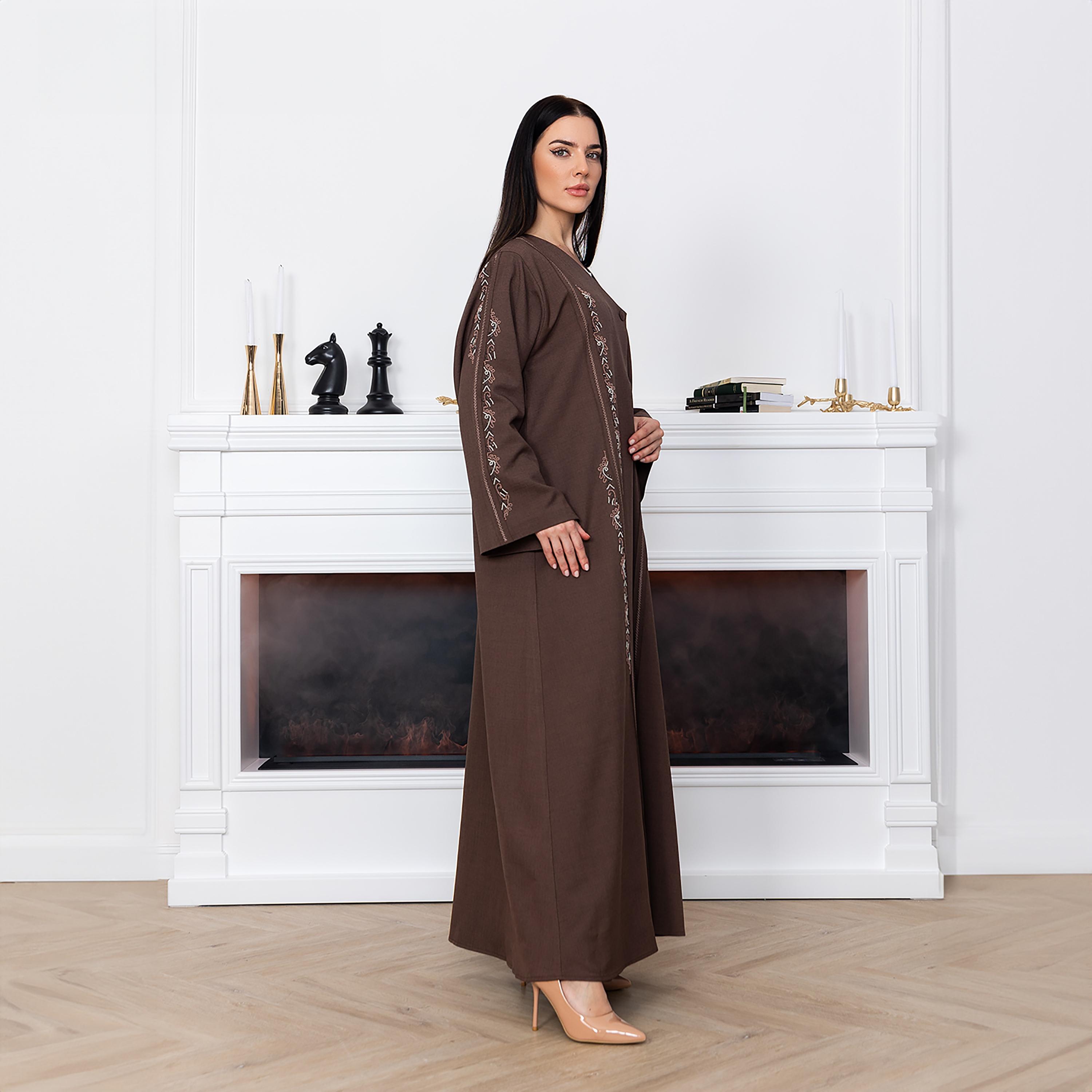 Moistreet Brown Beaded Work Wide Sleeves Melange Women's Abaya with Hijab-women-arabicclothing-abayas-image-3