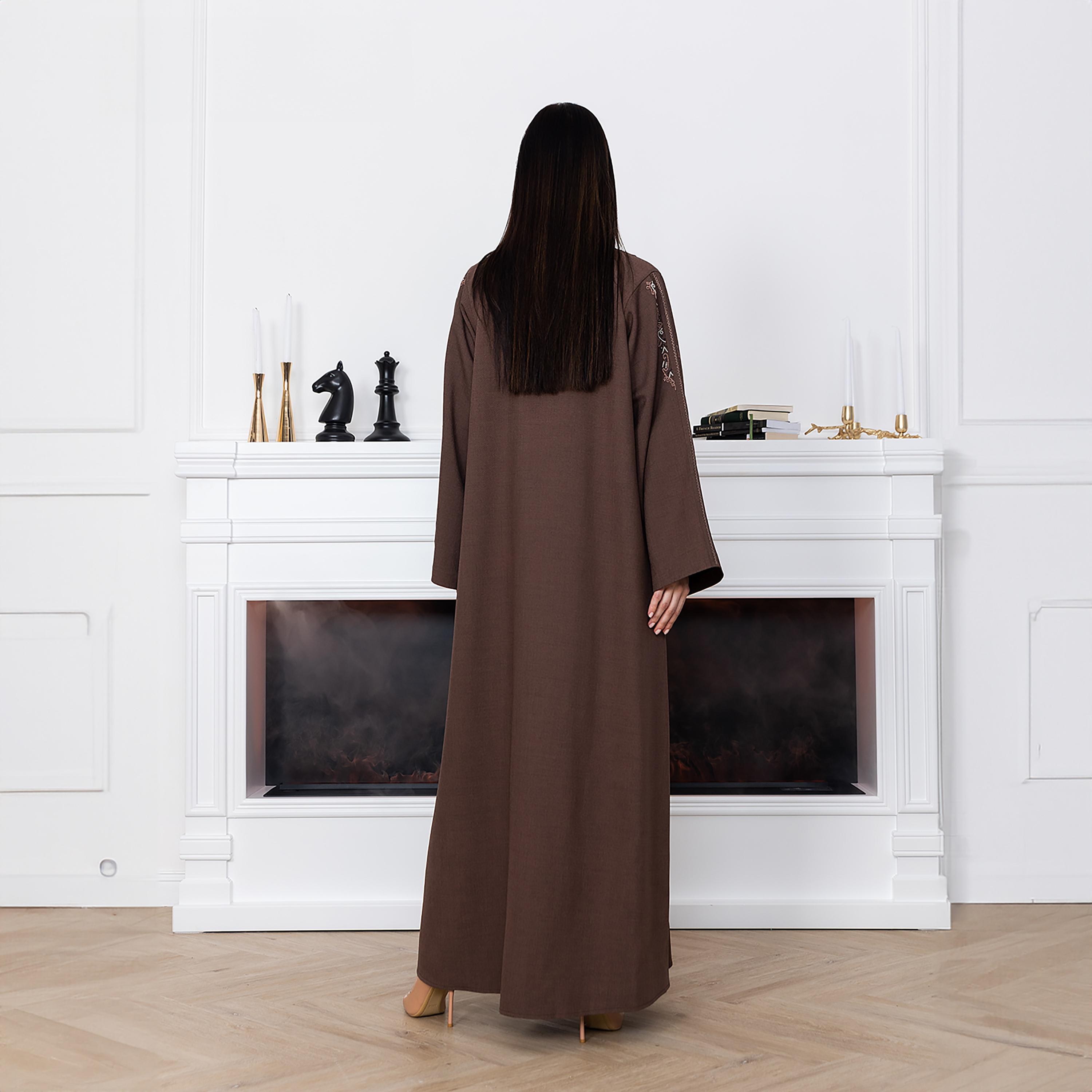 Moistreet Brown Beaded Work Wide Sleeves Melange Women's Abaya with Hijab-women-arabicclothing-abayas-image-4
