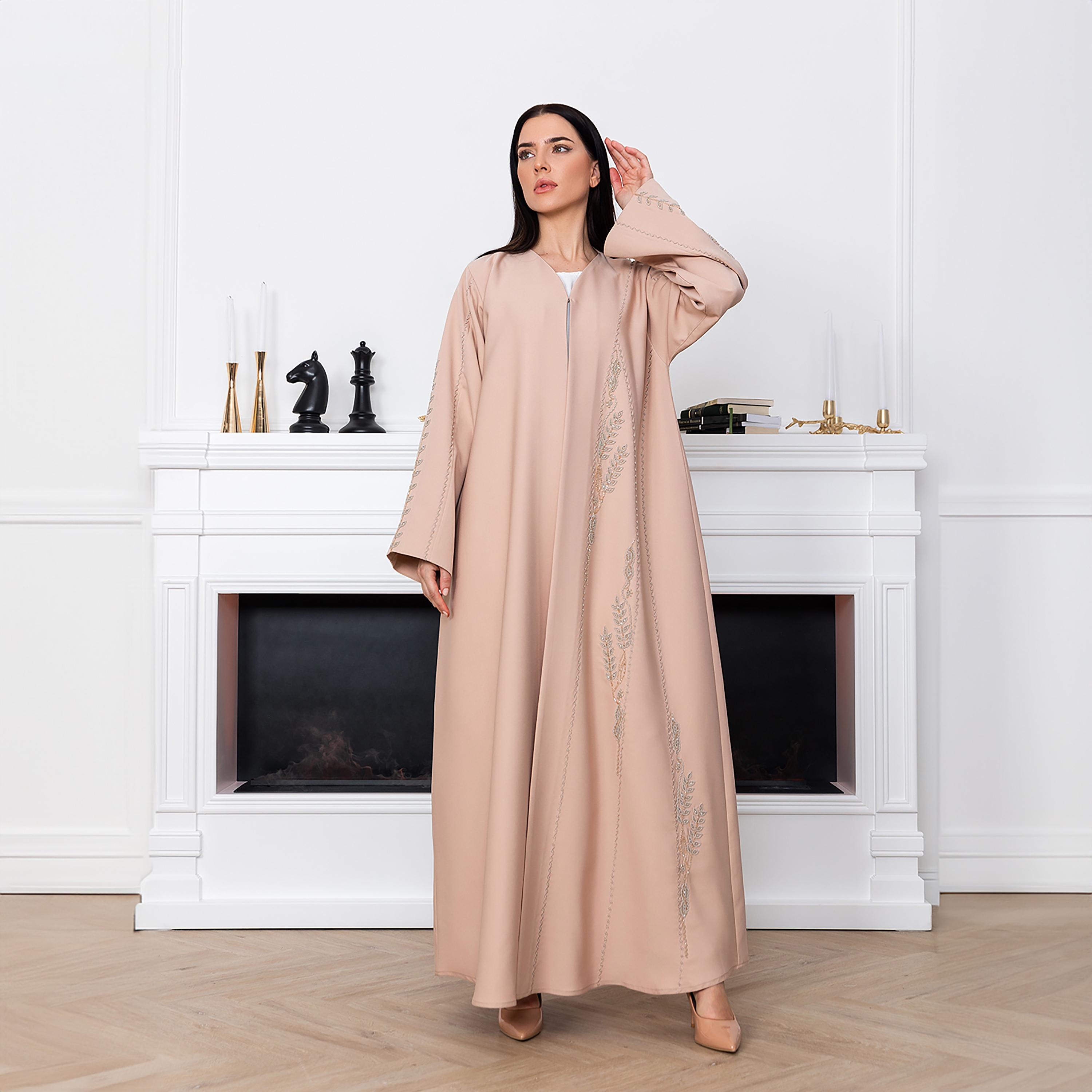 Moistreet Pink Beaded Work Wide Sleeves Victoria Satin Women's Abaya with Hijab-women-arabicclothing-abayas-image-1
