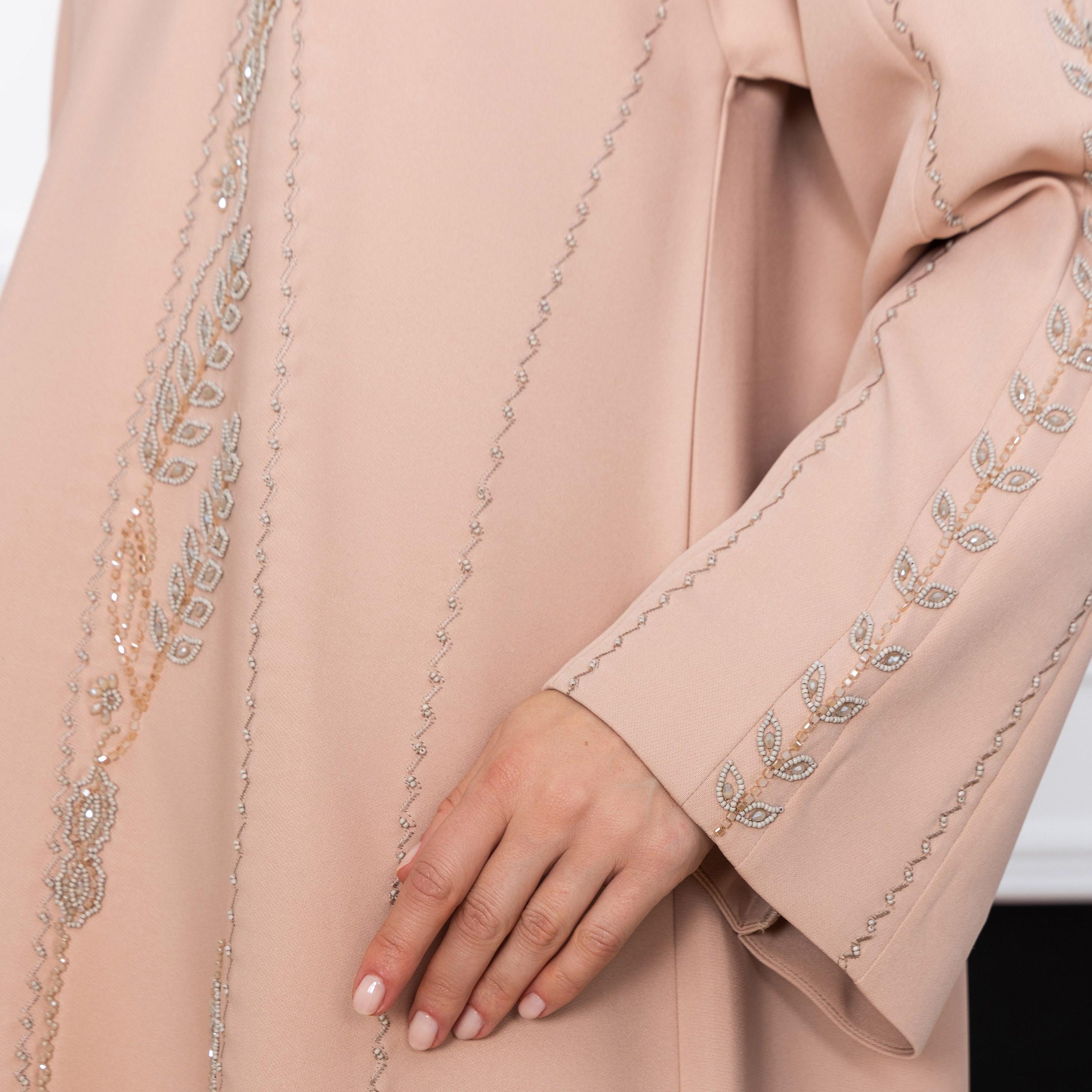 Moistreet Pink Beaded Work Wide Sleeves Victoria Satin Women's Abaya with Hijab-women-arabicclothing-abayas-image-2