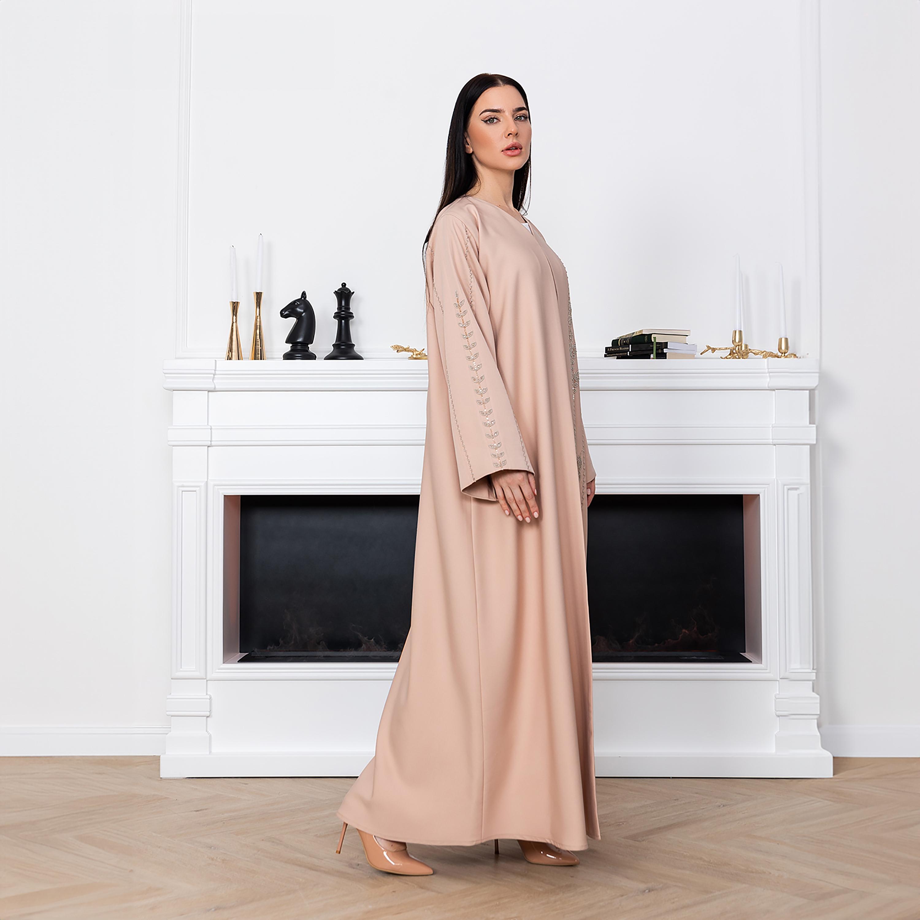 Moistreet Pink Beaded Work Wide Sleeves Victoria Satin Women's Abaya with Hijab-women-arabicclothing-abayas-image-3