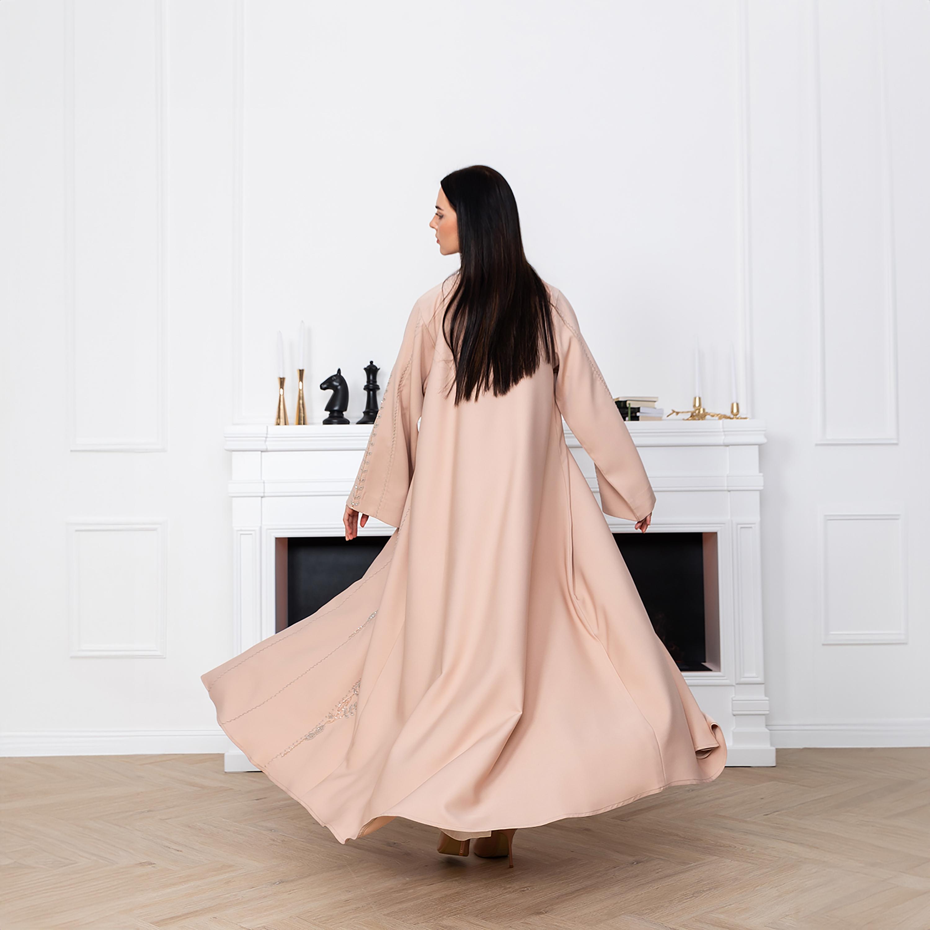 Moistreet Pink Beaded Work Wide Sleeves Victoria Satin Women's Abaya with Hijab-women-arabicclothing-abayas-image-4