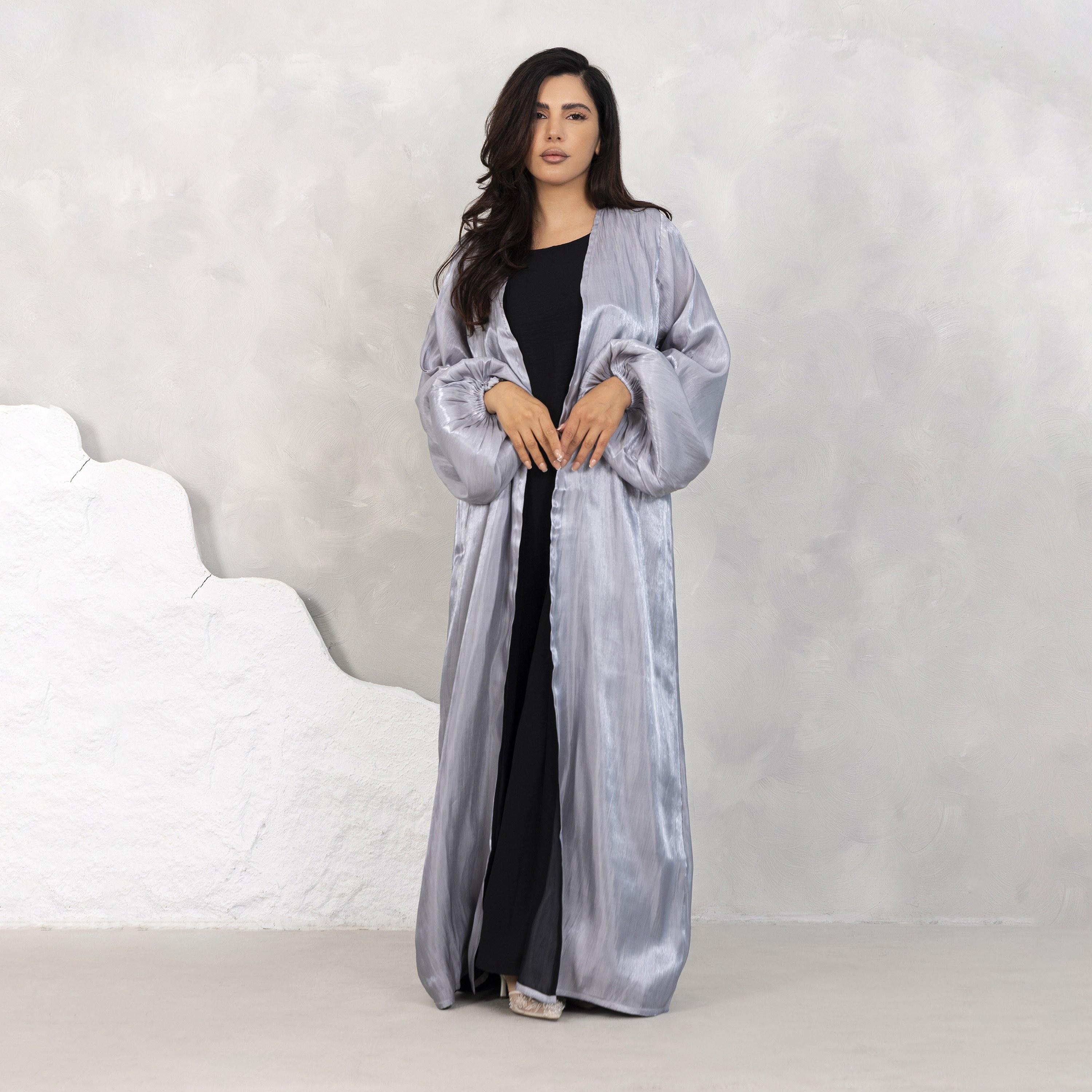 Moistreet Balloon Sleeves Shimmer Women's Open Front Abaya Set-women-arabicclothing-abayas-image-1