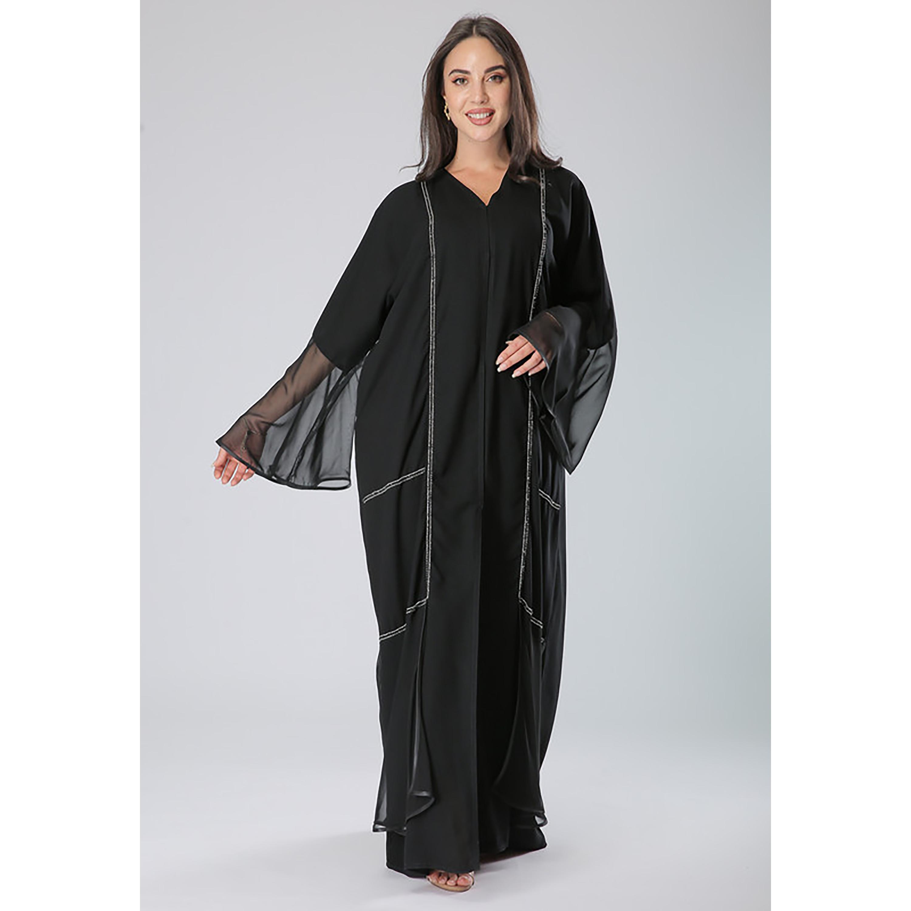 MOiSTREET Black Beaded Crepe Lace Bell Sleeves Abaya with Sheila-women-arabicclothing-abayas-image-1