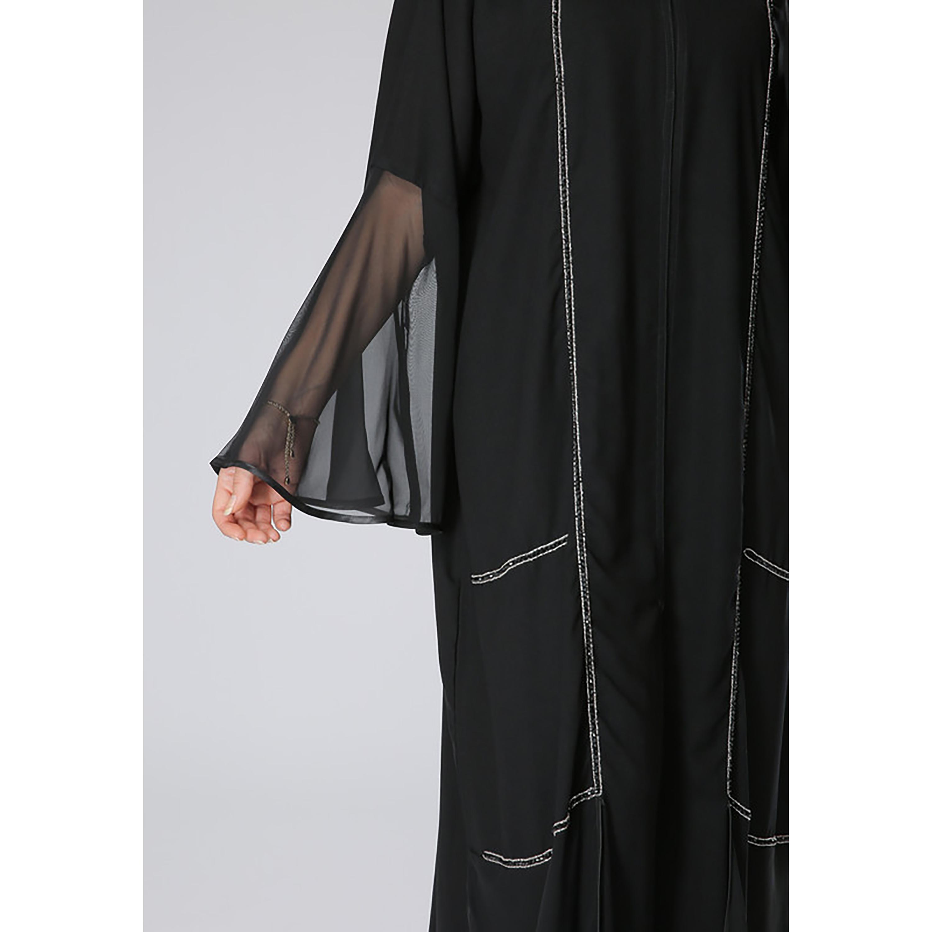 MOiSTREET Black Beaded Crepe Lace Bell Sleeves Abaya with Sheila-women-arabicclothing-abayas-image-2