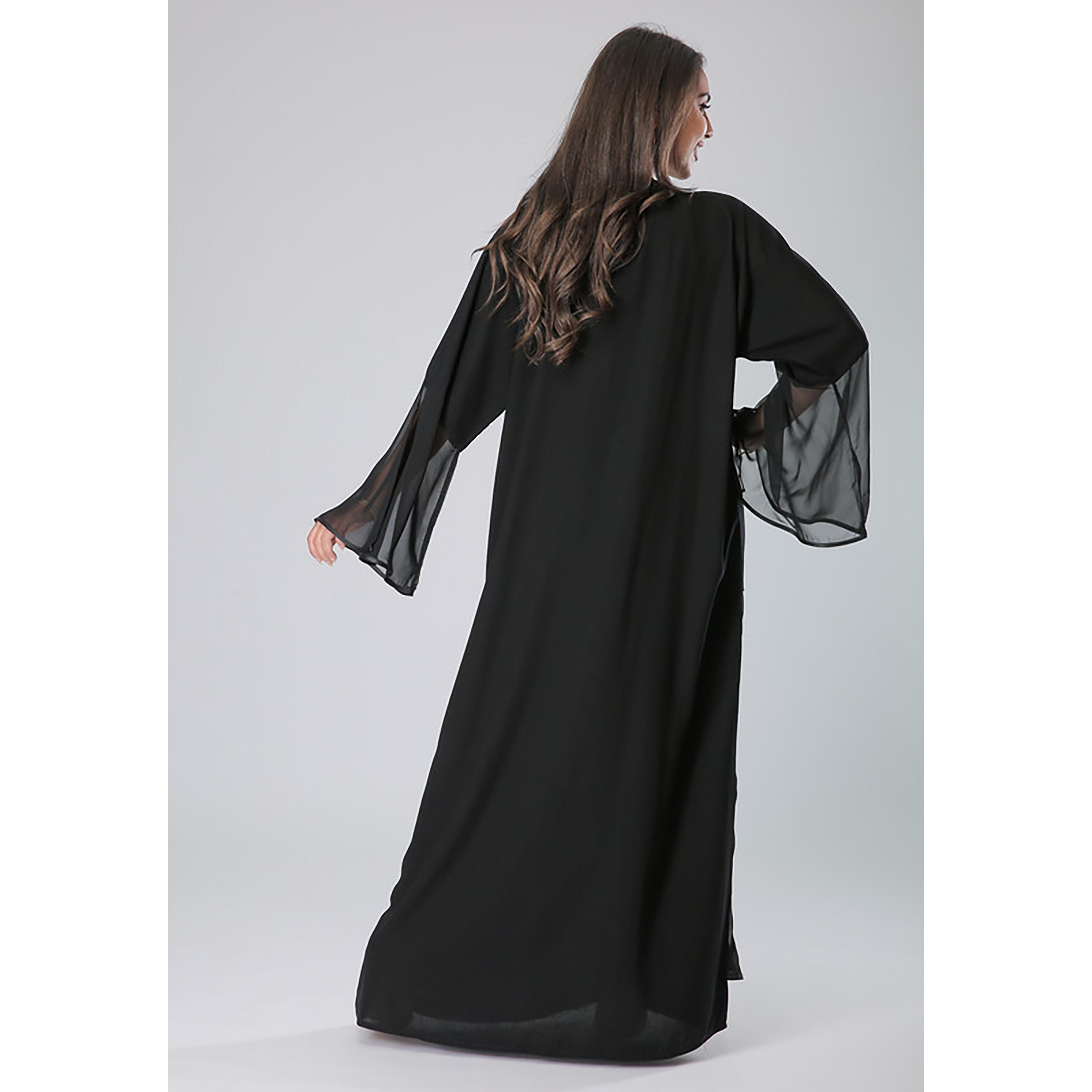 MOiSTREET Black Beaded Crepe Lace Bell Sleeves Abaya with Sheila-women-arabicclothing-abayas-image-3