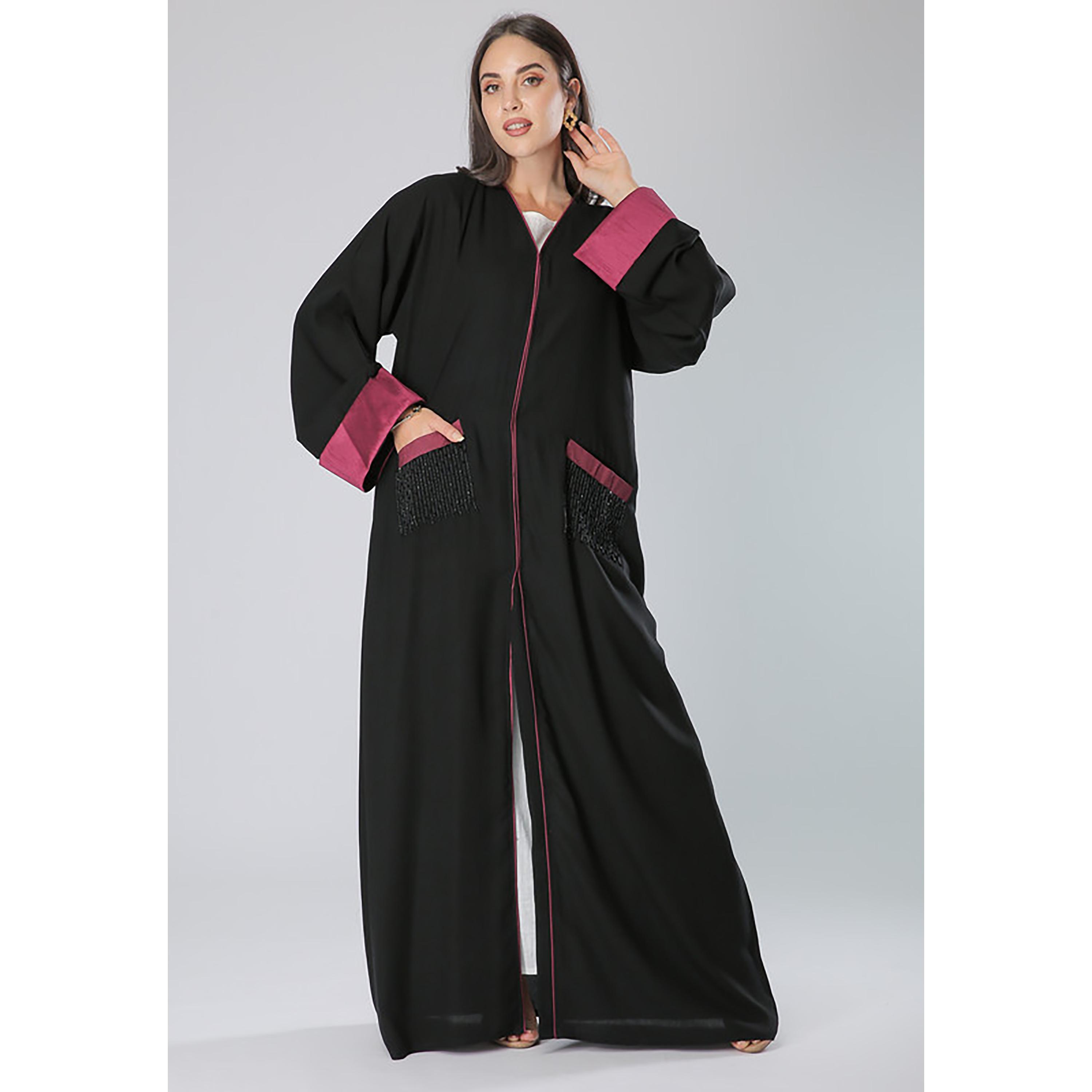 MOiSTREET Black Beaded Crepe Flared Sleeves Abaya with Sheila-women-arabicclothing-abayas-image-1
