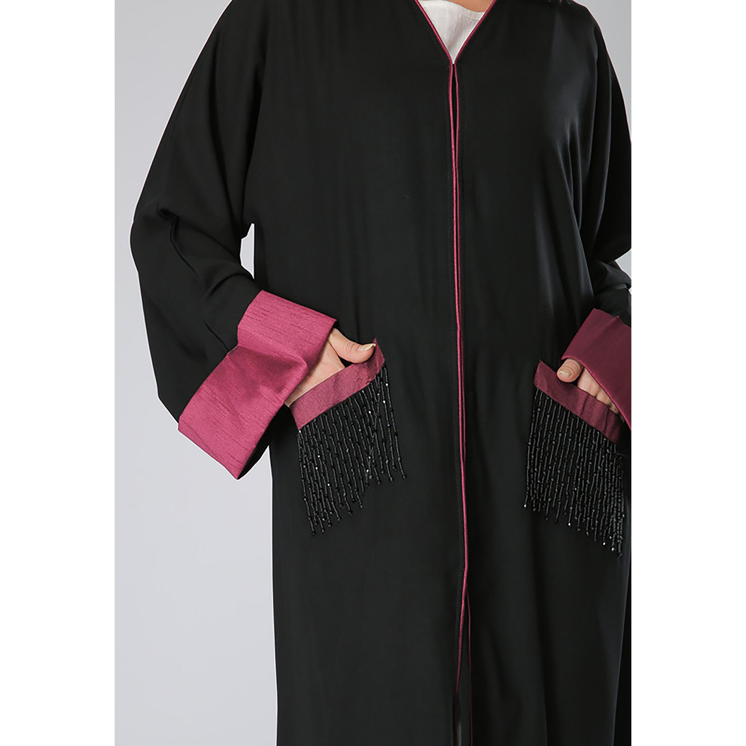MOiSTREET Black Beaded Crepe Flared Sleeves Abaya with Sheila-women-arabicclothing-abayas-image-2