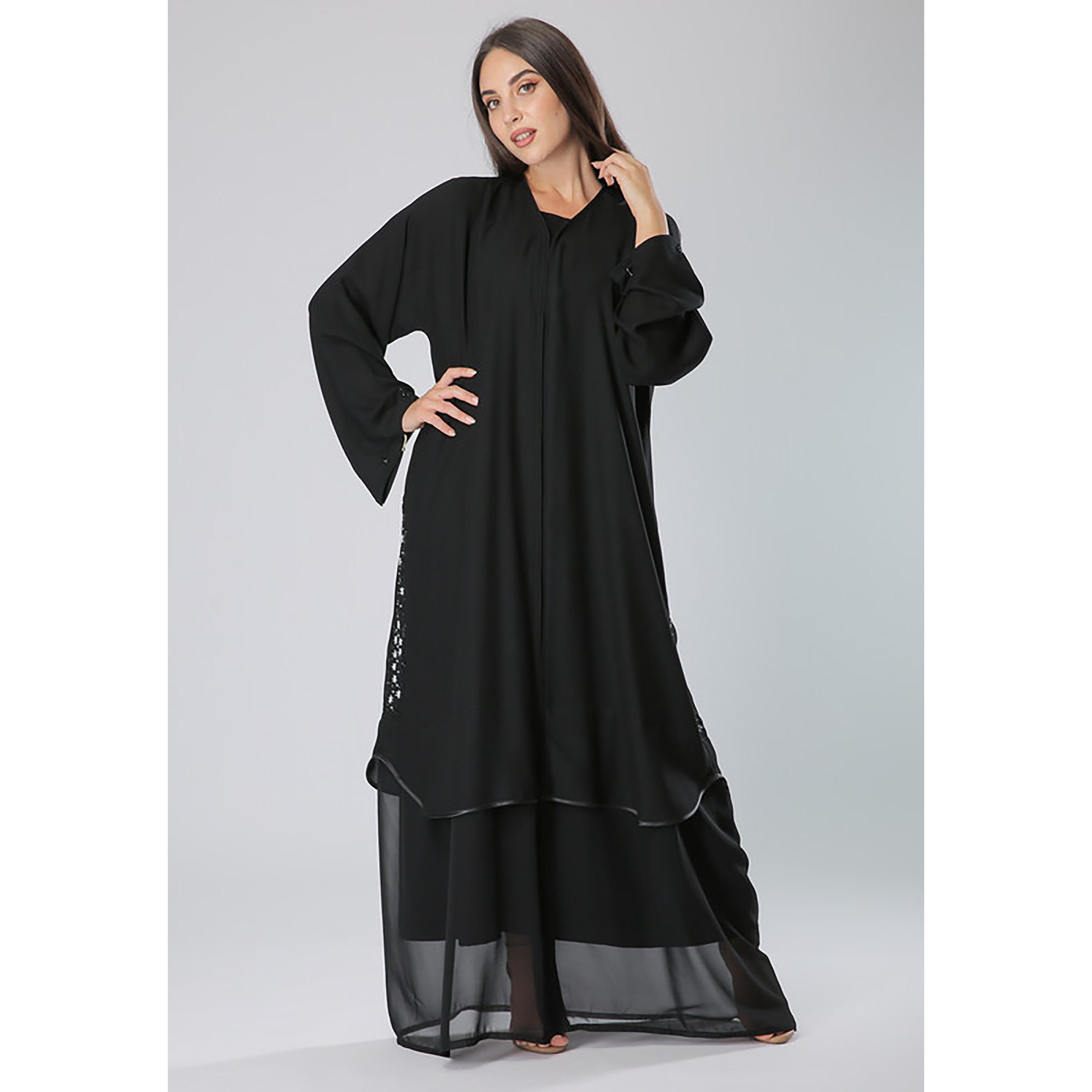 MOiSTREET Black Beaded Crepe Flared Sleeves Abaya with Sheila-women-arabicclothing-abayas-image-1