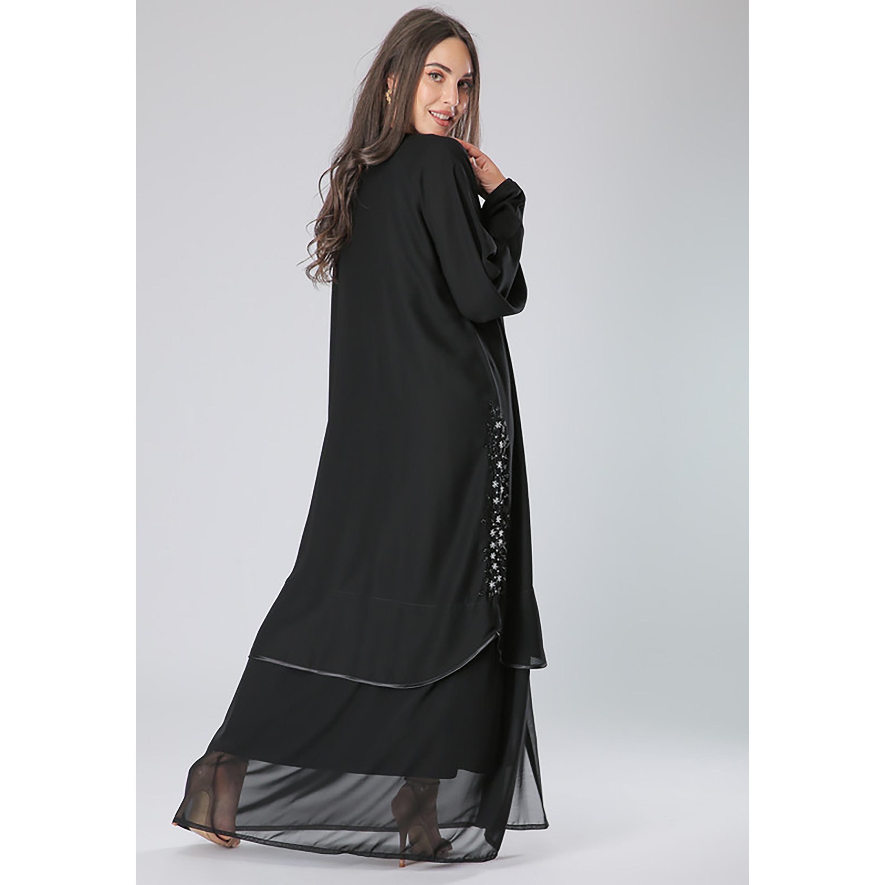 MOiSTREET Black Beaded Crepe Flared Sleeves Abaya with Sheila-women-arabicclothing-abayas-image-4