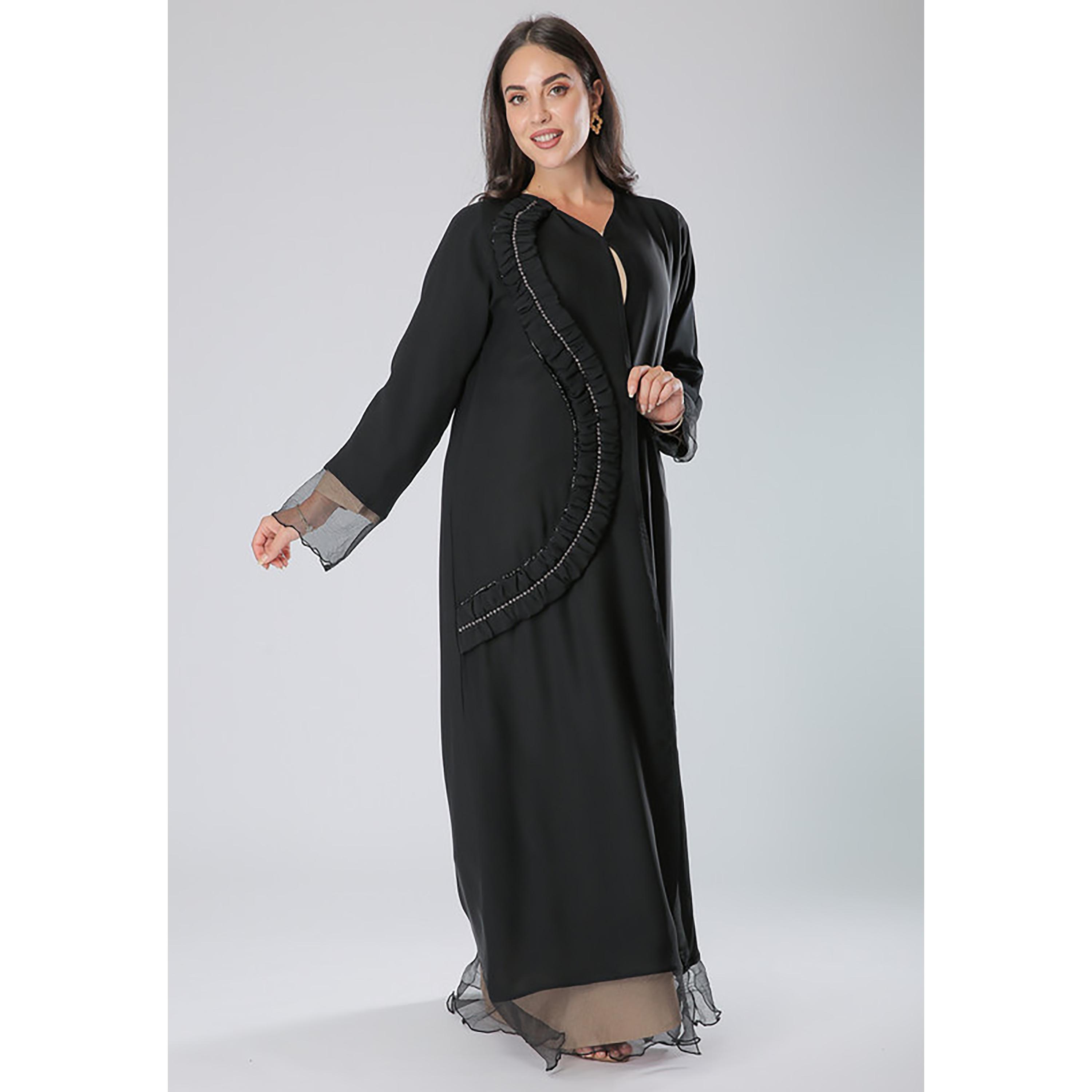 MOiSTREET Black Beaded Crepe Lace Detail Sleeves Abaya with Sheila-women-arabicclothing-abayas-image-1