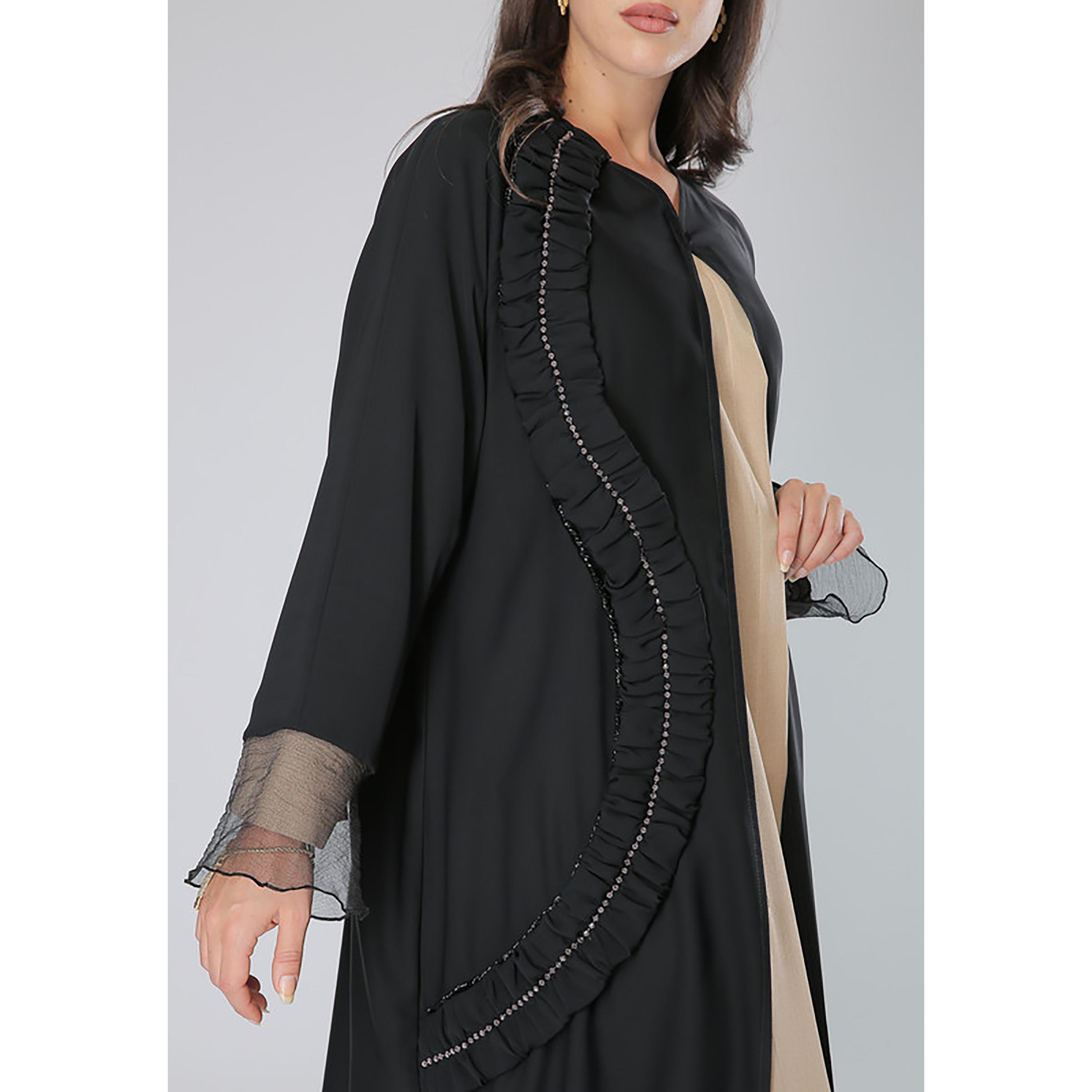 MOiSTREET Black Beaded Crepe Lace Detail Sleeves Abaya with Sheila-women-arabicclothing-abayas-image-2