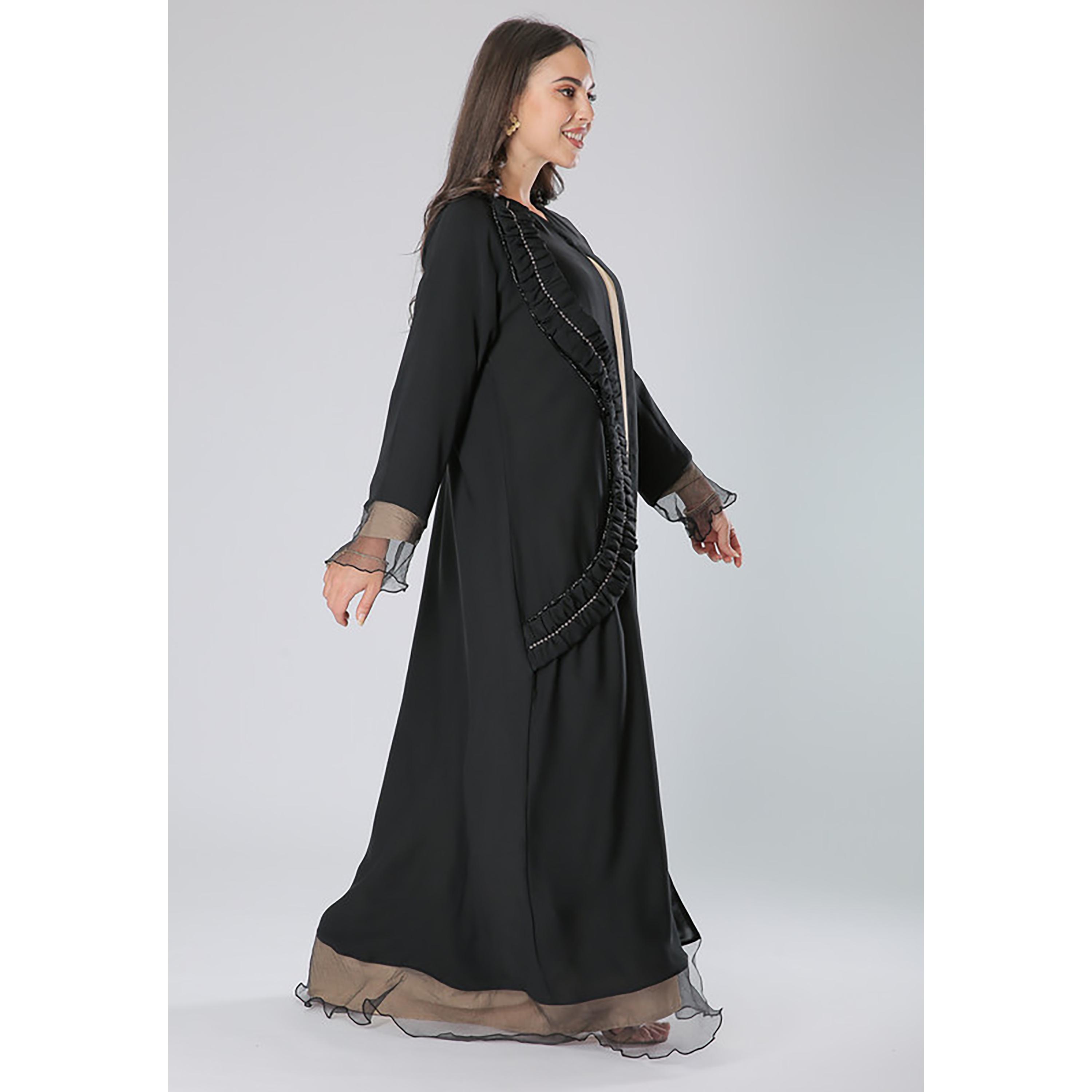 MOiSTREET Black Beaded Crepe Lace Detail Sleeves Abaya with Sheila-women-arabicclothing-abayas-image-3