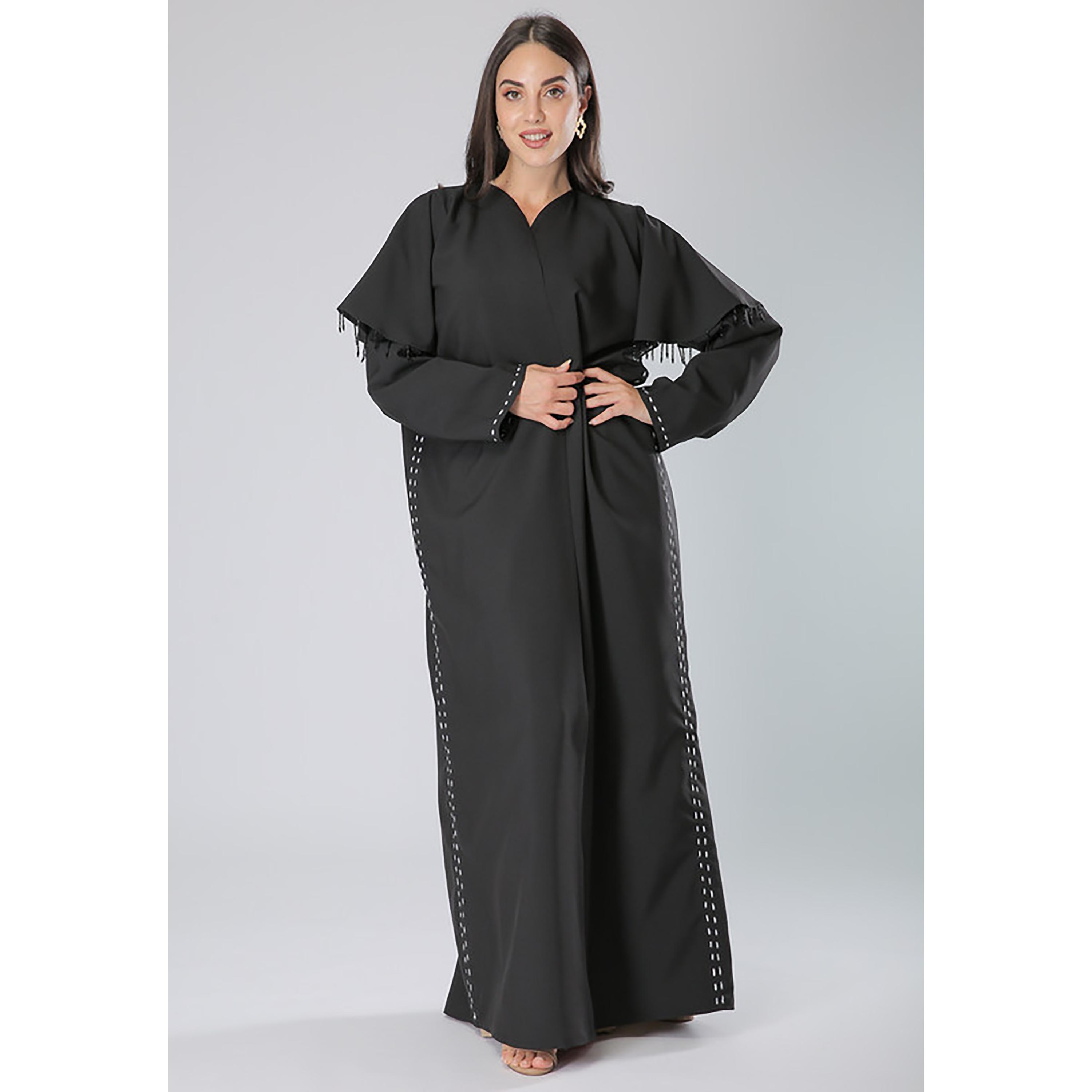 MOiSTREET Black Thread and Beaded Crepe Abaya with Sheila-women-arabicclothing-abayas-image-1