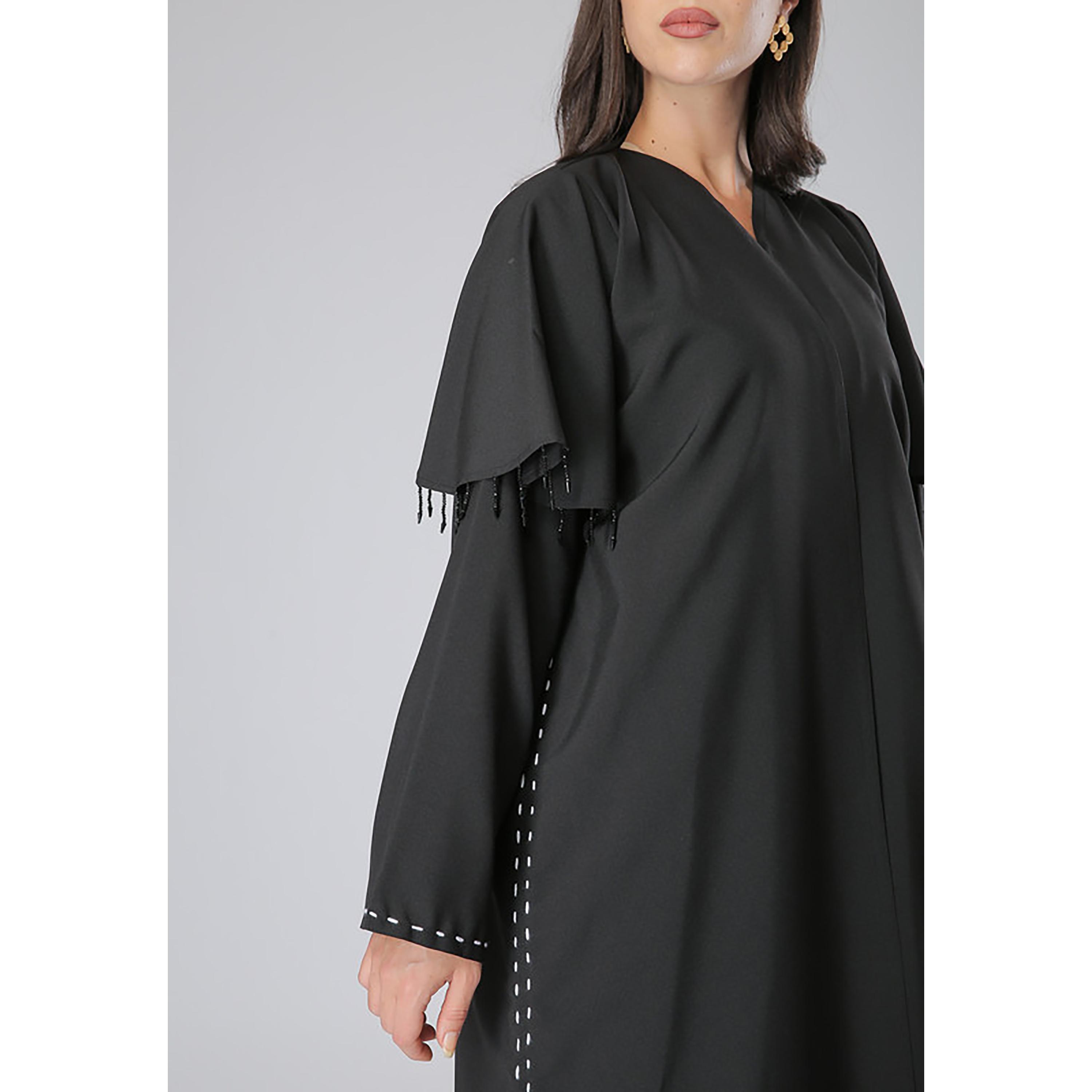 MOiSTREET Black Thread and Beaded Crepe Abaya with Sheila-women-arabicclothing-abayas-image-2
