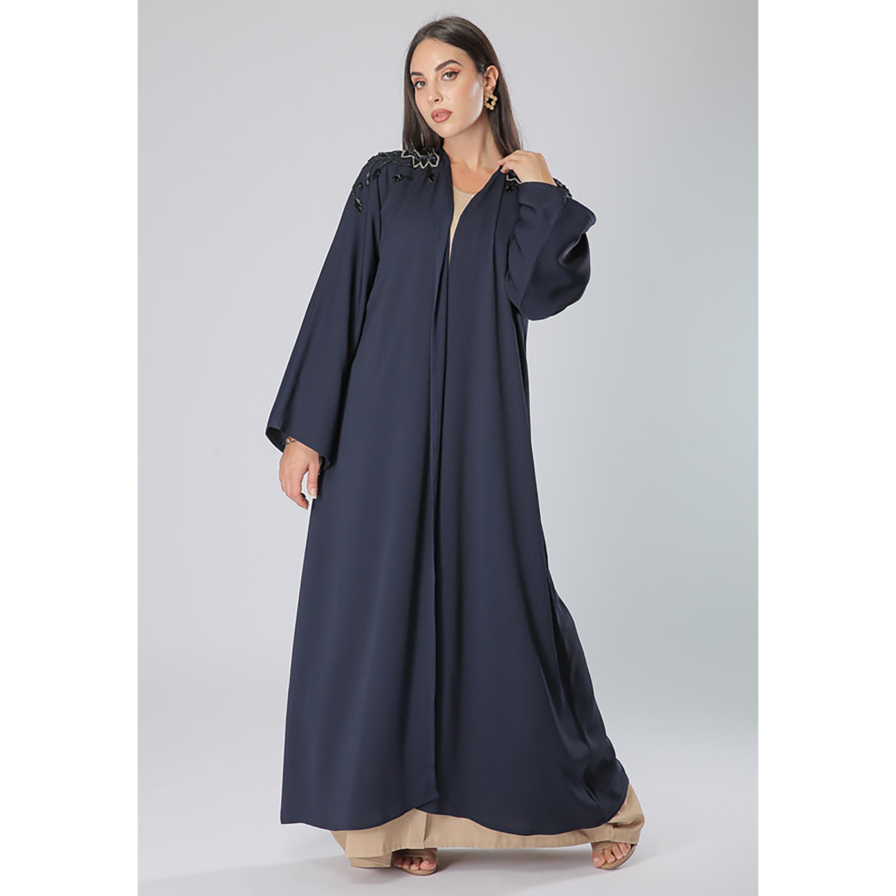 MOiSTREET Navy Embroidered & Beaded Flared Sleeves Abaya with Sheila-women-arabicclothing-abayas-image-1