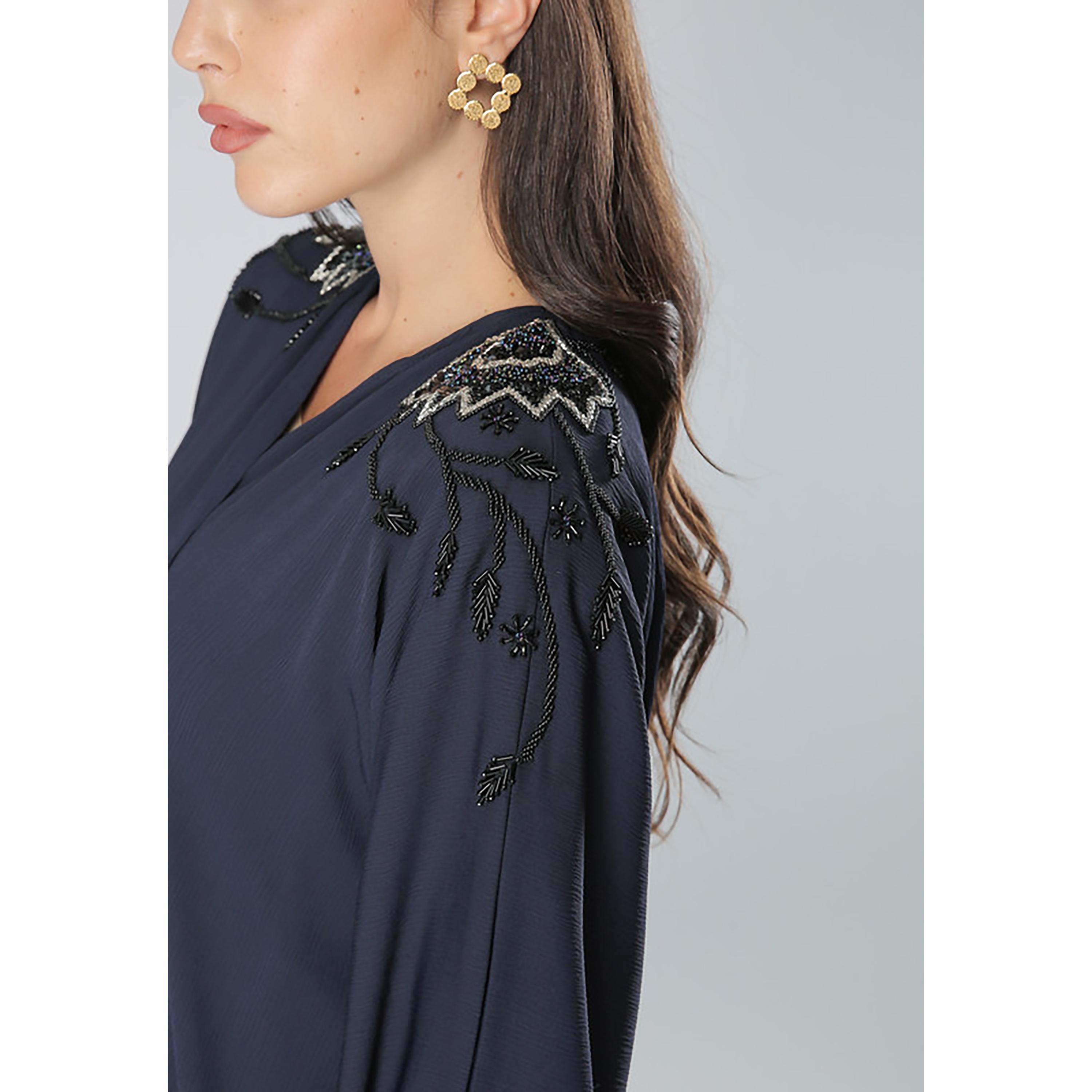 MOiSTREET Navy Embroidered & Beaded Flared Sleeves Abaya with Sheila-women-arabicclothing-abayas-image-2