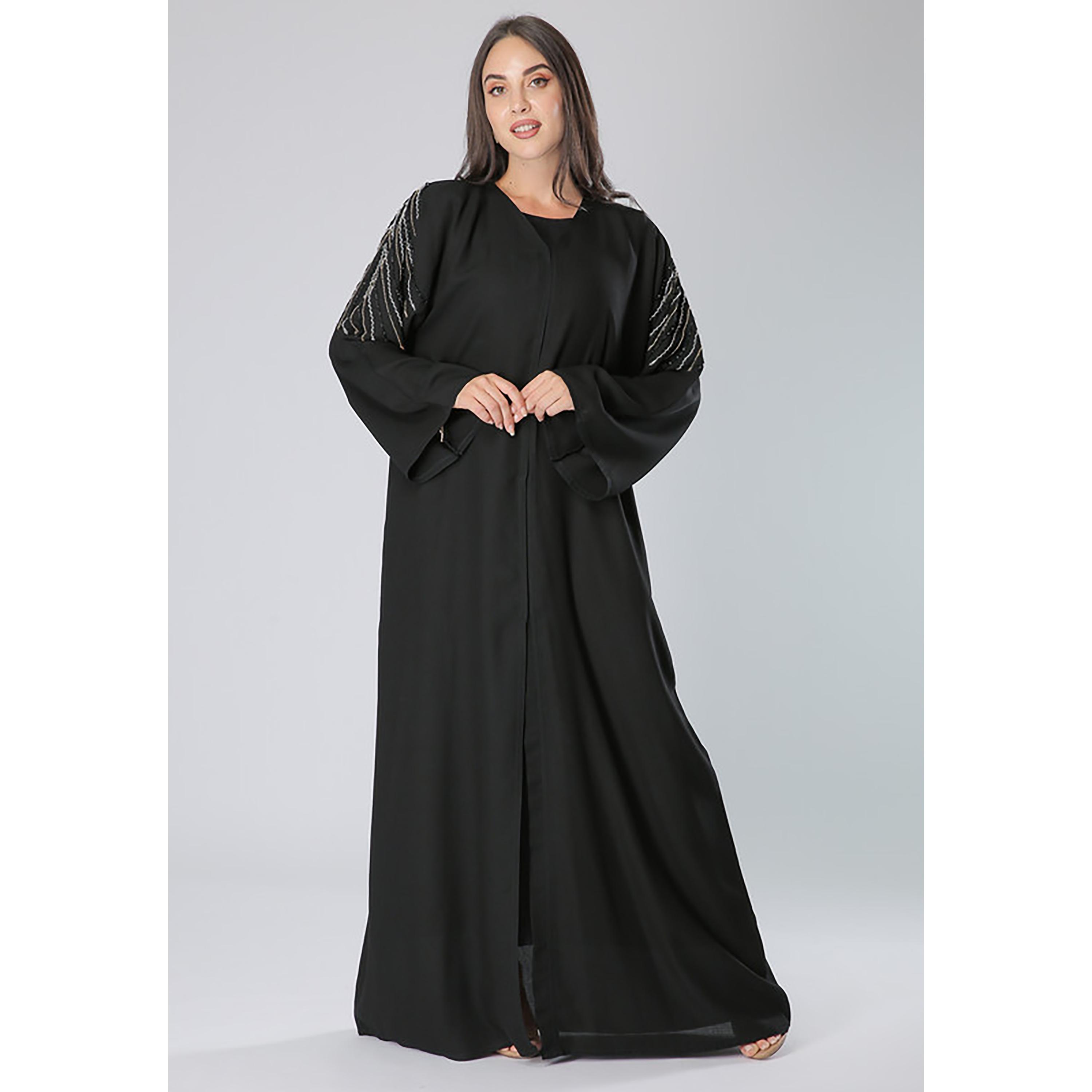MOiSTREET Black Beaded Crepe Flared Sleeves Abaya with Sheila-women-arabicclothing-abayas-image-1