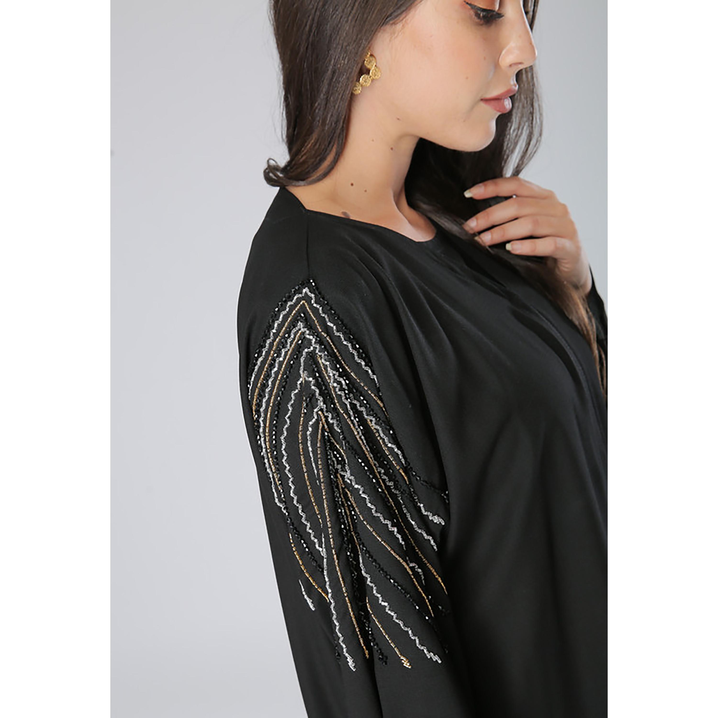 MOiSTREET Black Beaded Crepe Flared Sleeves Abaya with Sheila-women-arabicclothing-abayas-image-2