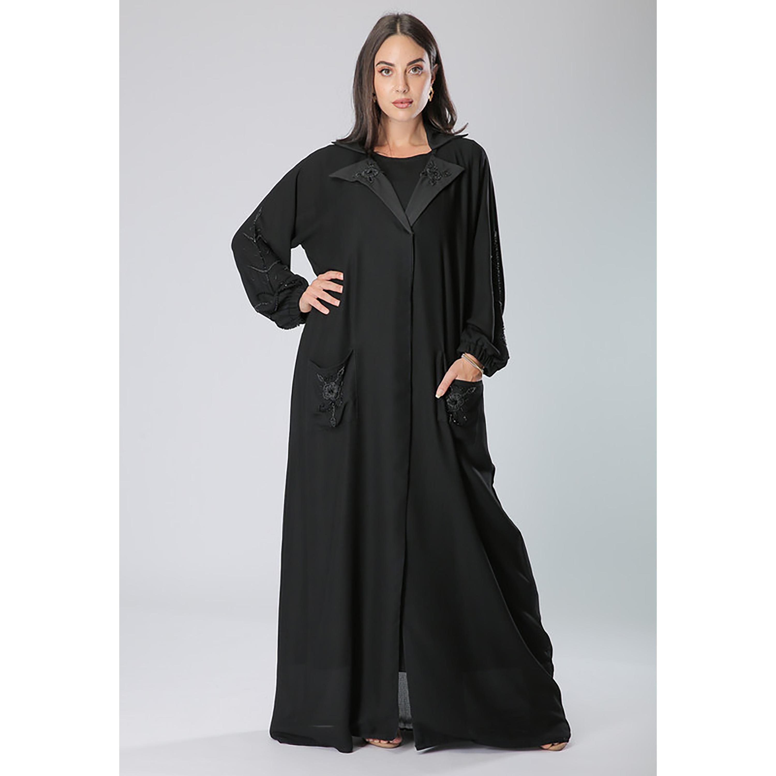 MOiSTREET Black Embroidered & Beaded Crepe Coat Style Abaya with Sheila-women-arabicclothing-abayas-image-1