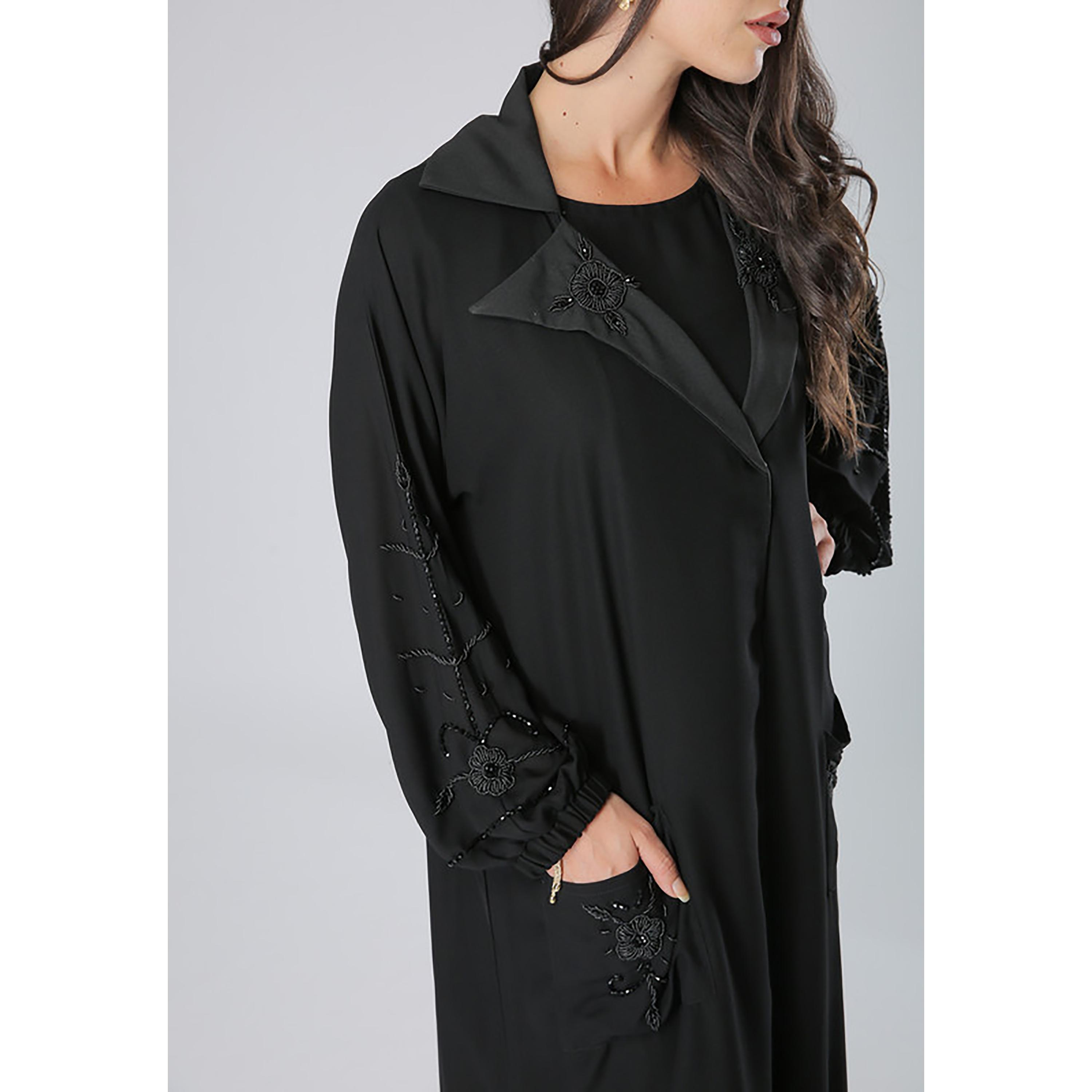 MOiSTREET Black Embroidered & Beaded Crepe Coat Style Abaya with Sheila-women-arabicclothing-abayas-image-2