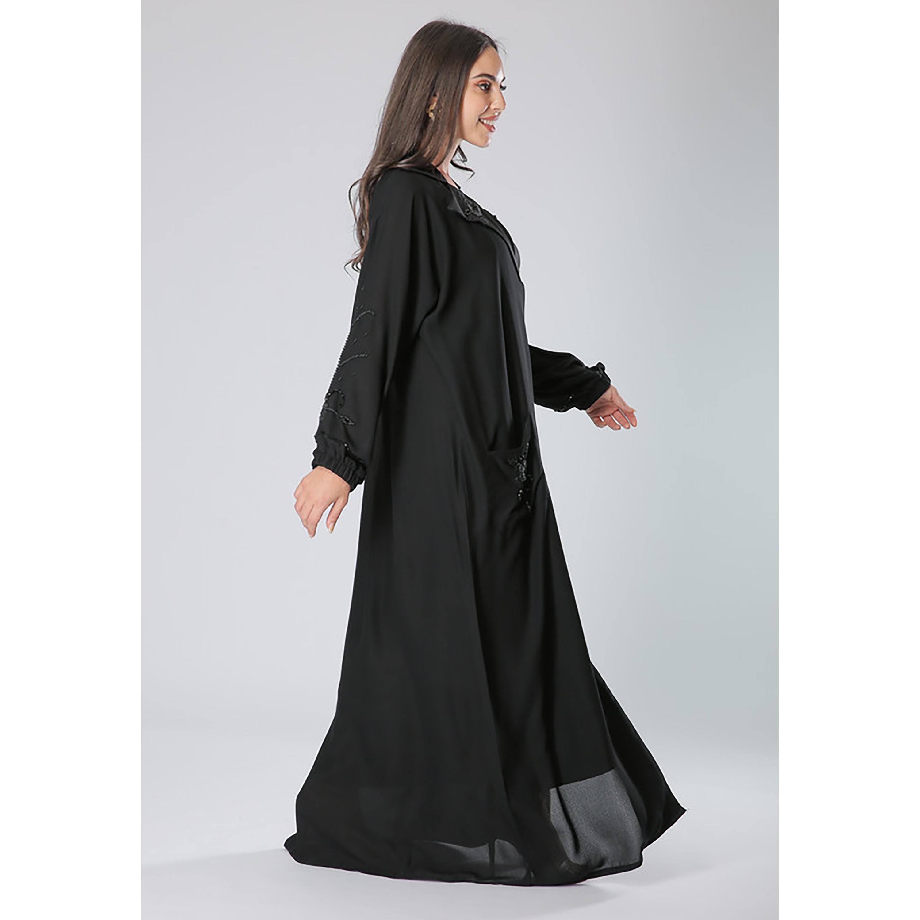 MOiSTREET Black Embroidered & Beaded Crepe Coat Style Abaya with Sheila-women-arabicclothing-abayas-image-3