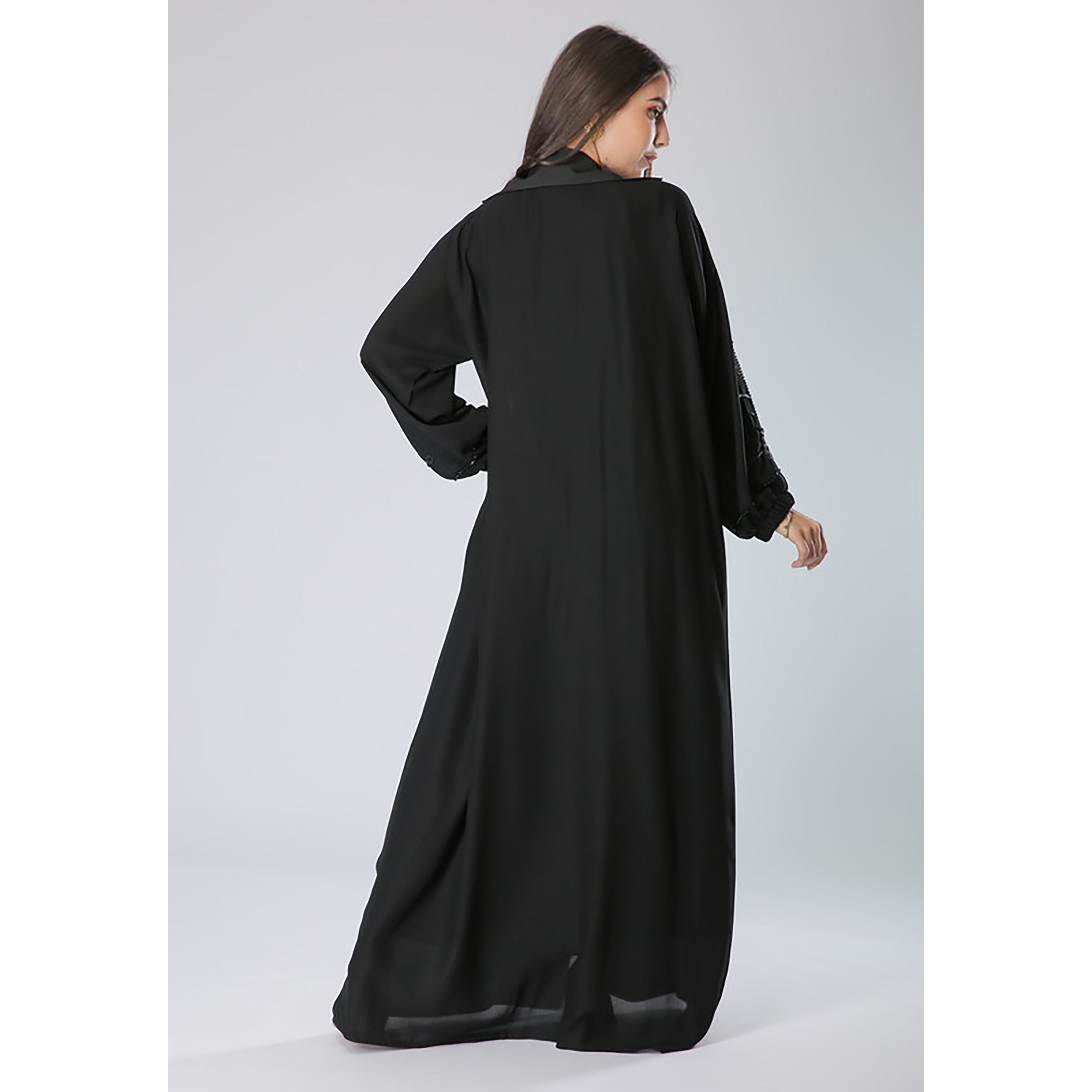 MOiSTREET Black Embroidered & Beaded Crepe Coat Style Abaya with Sheila-women-arabicclothing-abayas-image-4
