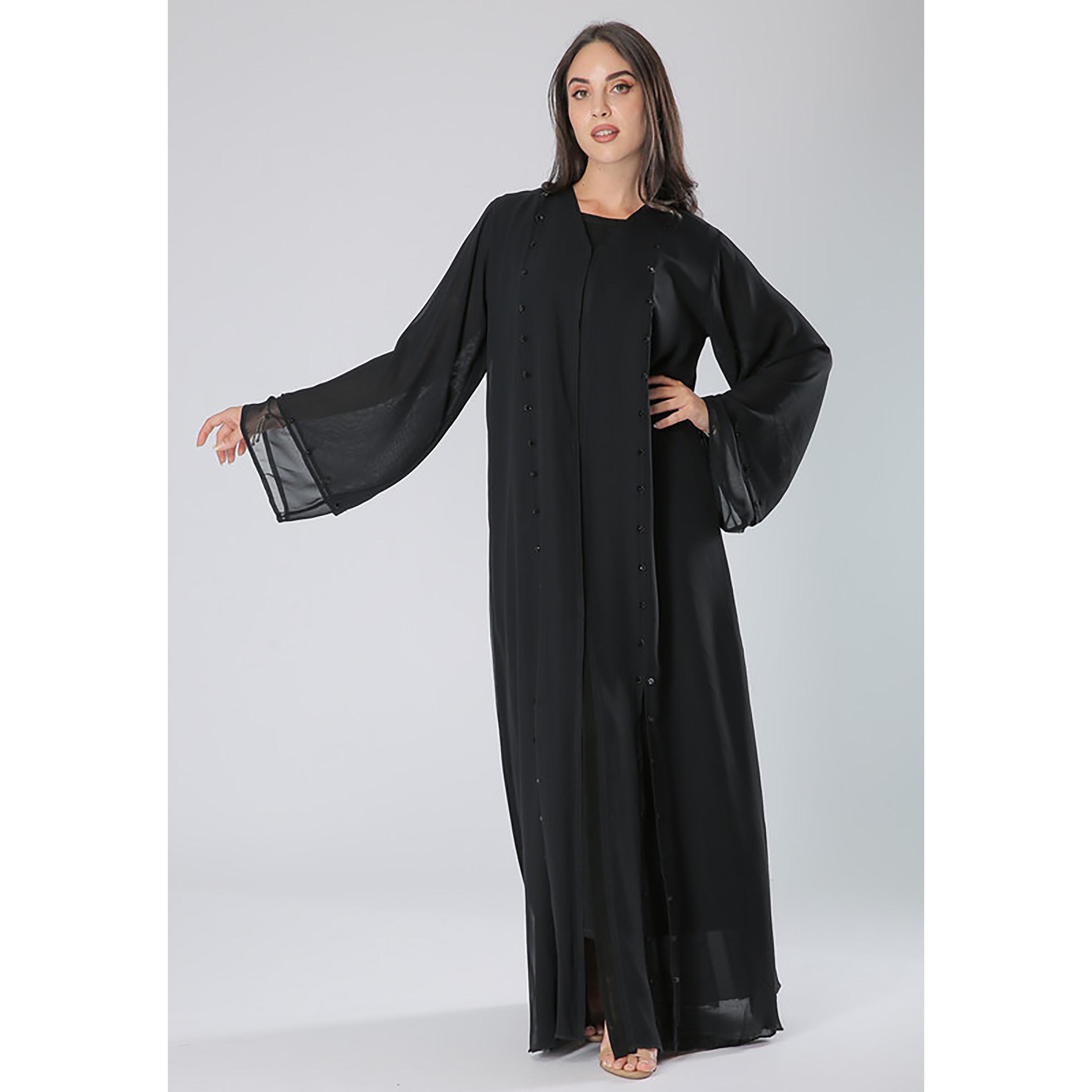 MOiSTREET Black Embroidered & Beaded Wide Sleeves Abaya with Sheila-women-arabicclothing-abayas-image-1