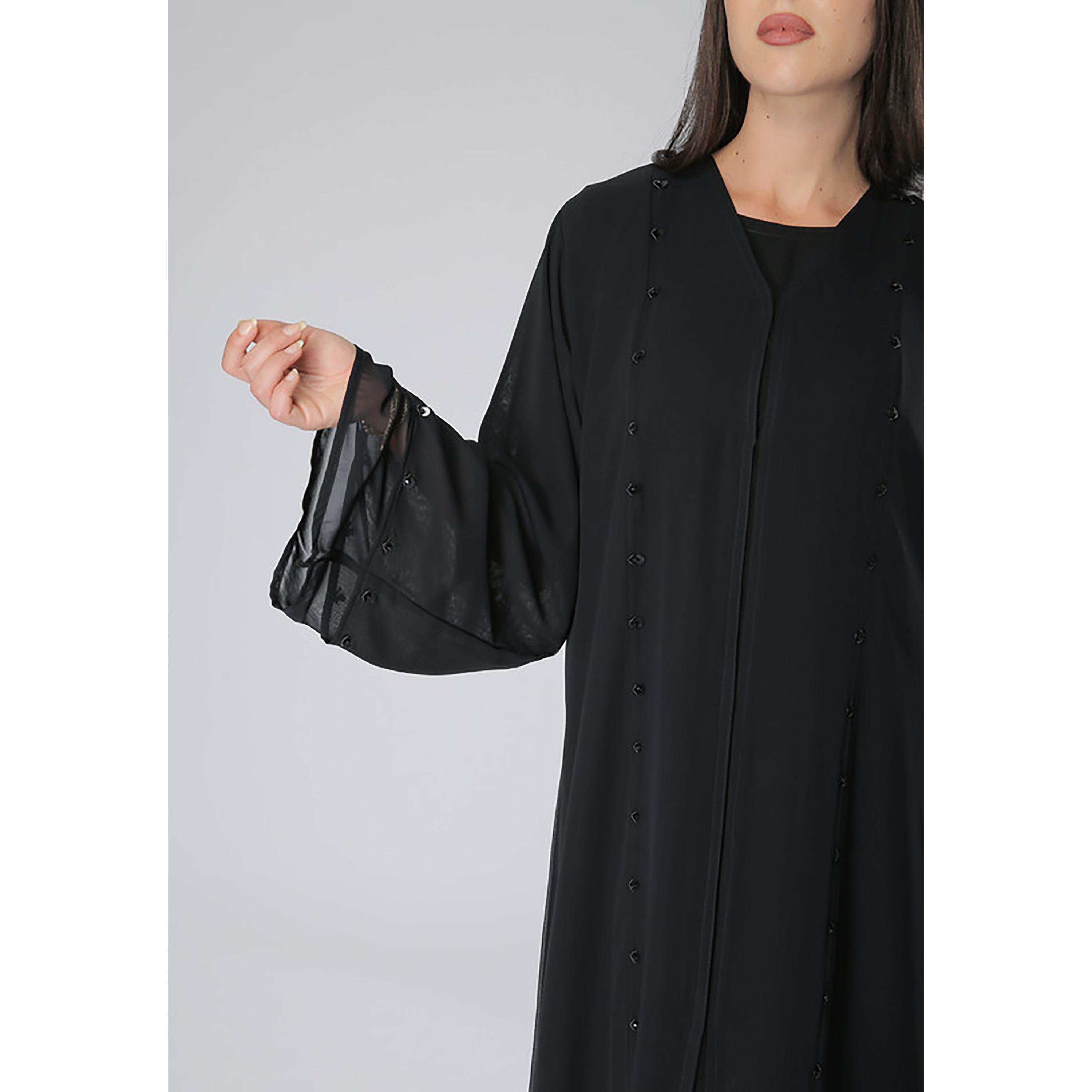MOiSTREET Black Embroidered & Beaded Wide Sleeves Abaya with Sheila-women-arabicclothing-abayas-image-2