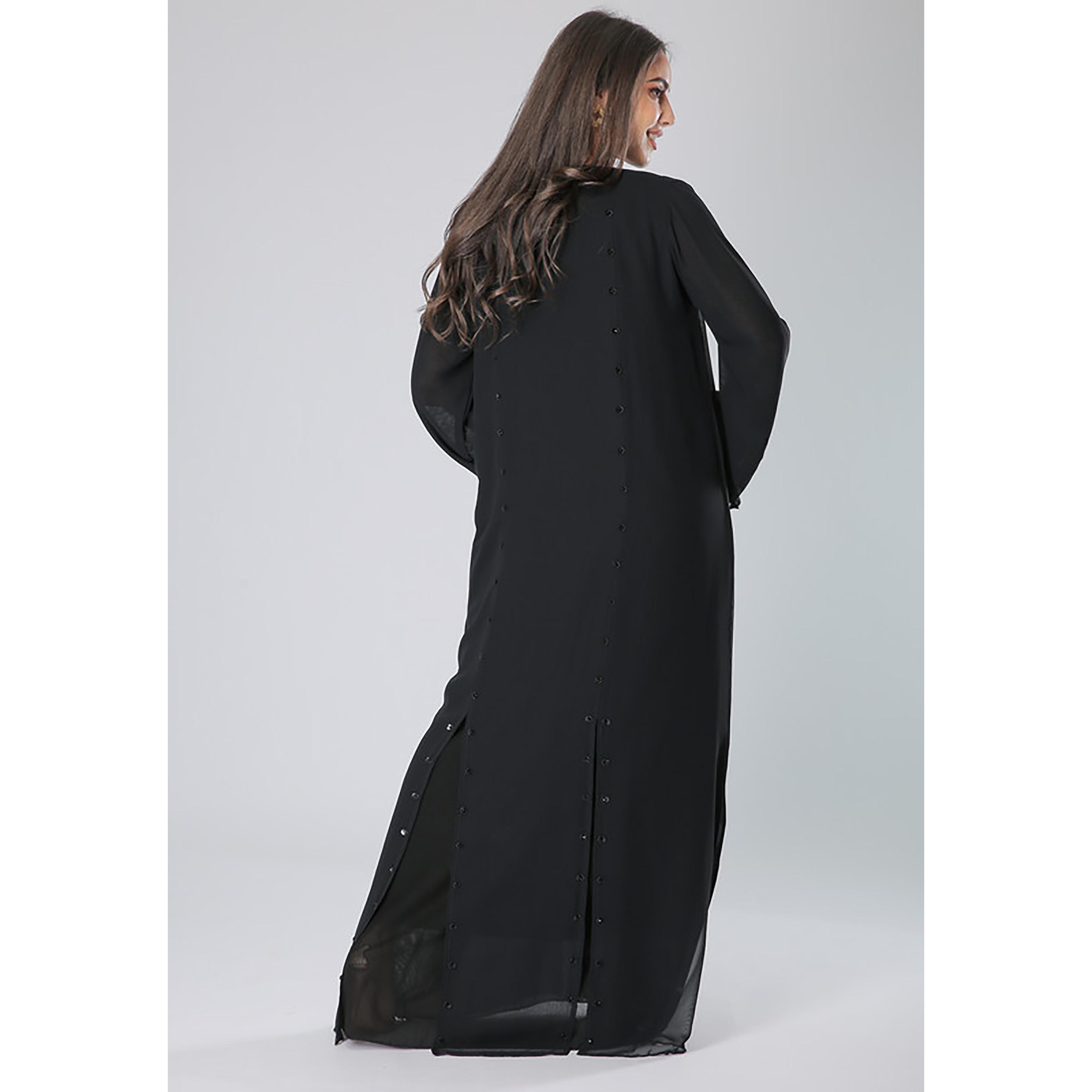 MOiSTREET Black Embroidered & Beaded Wide Sleeves Abaya with Sheila-women-arabicclothing-abayas-image-4