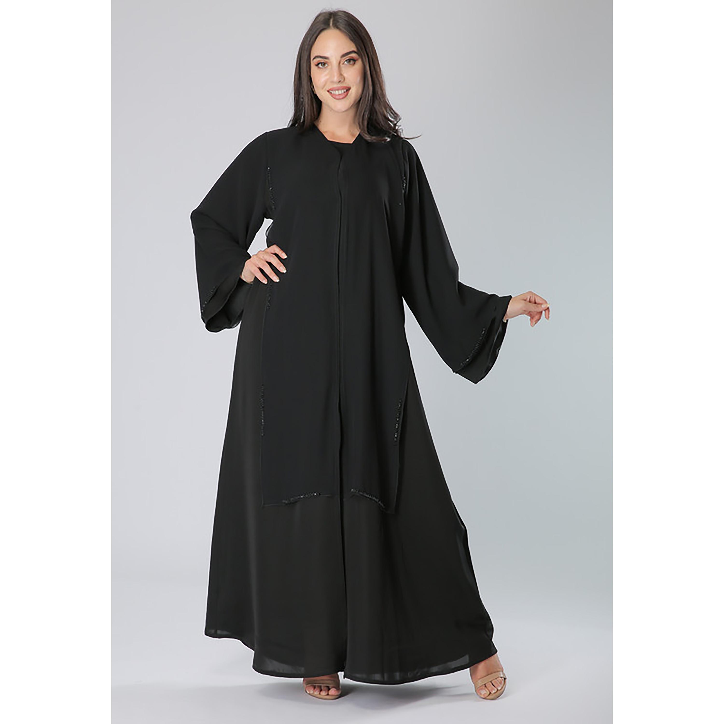 MOiSTREET Black Beaded Layered Panel Detailed Flared Sleeves Abaya with Sheila-women-arabicclothing-abayas-image-1