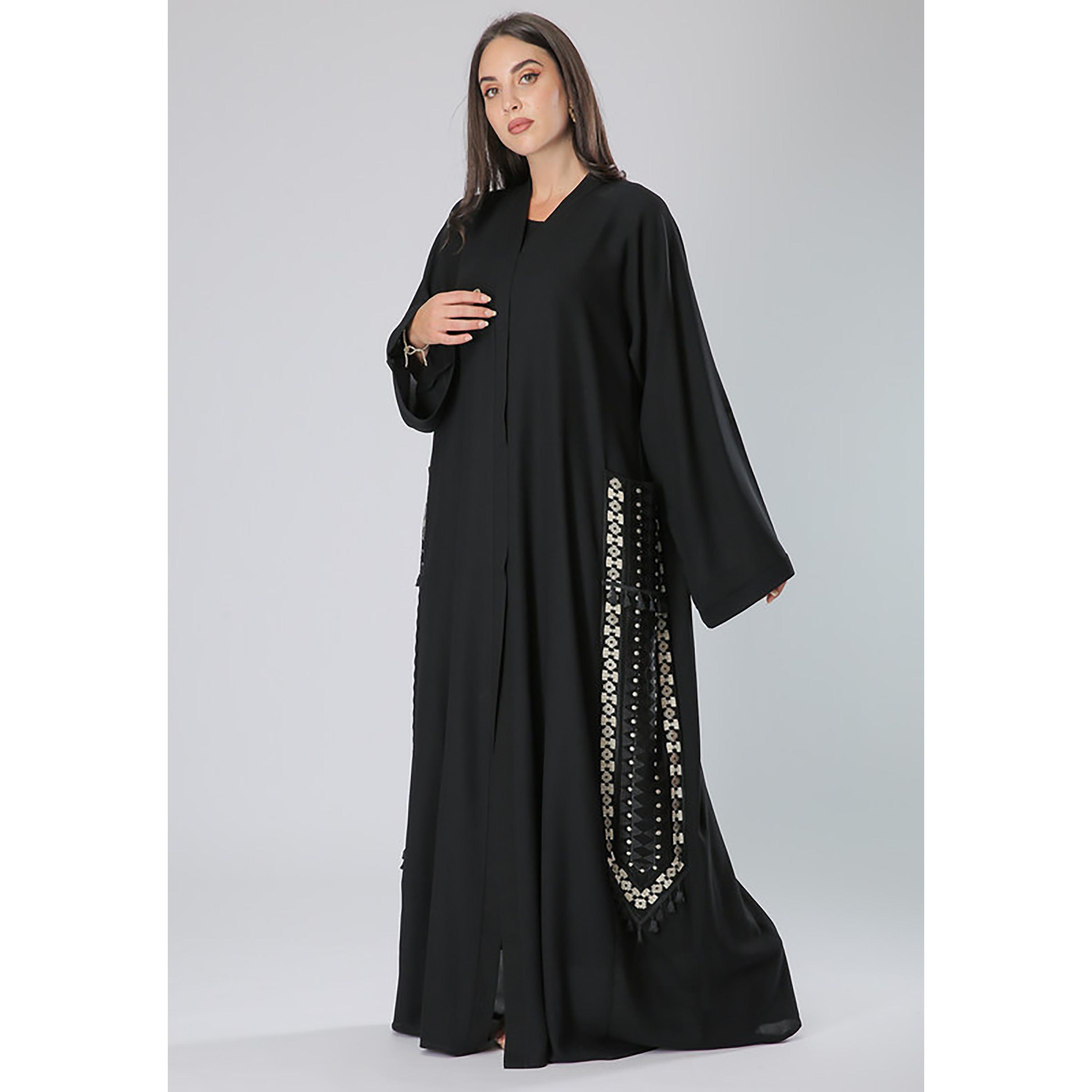 MOiSTREET Black Embroidered Crepe Flared Sleeves Abaya with Sheila-women-arabicclothing-abayas-image-1