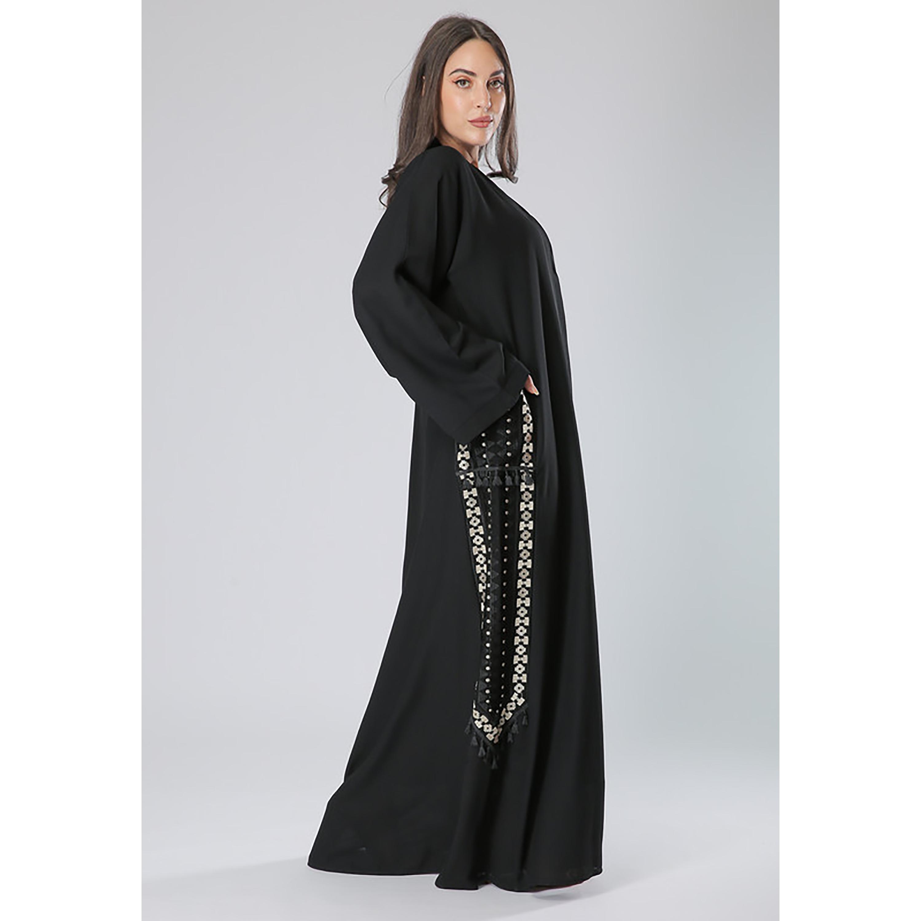 MOiSTREET Black Embroidered Crepe Flared Sleeves Abaya with Sheila-women-arabicclothing-abayas-image-3