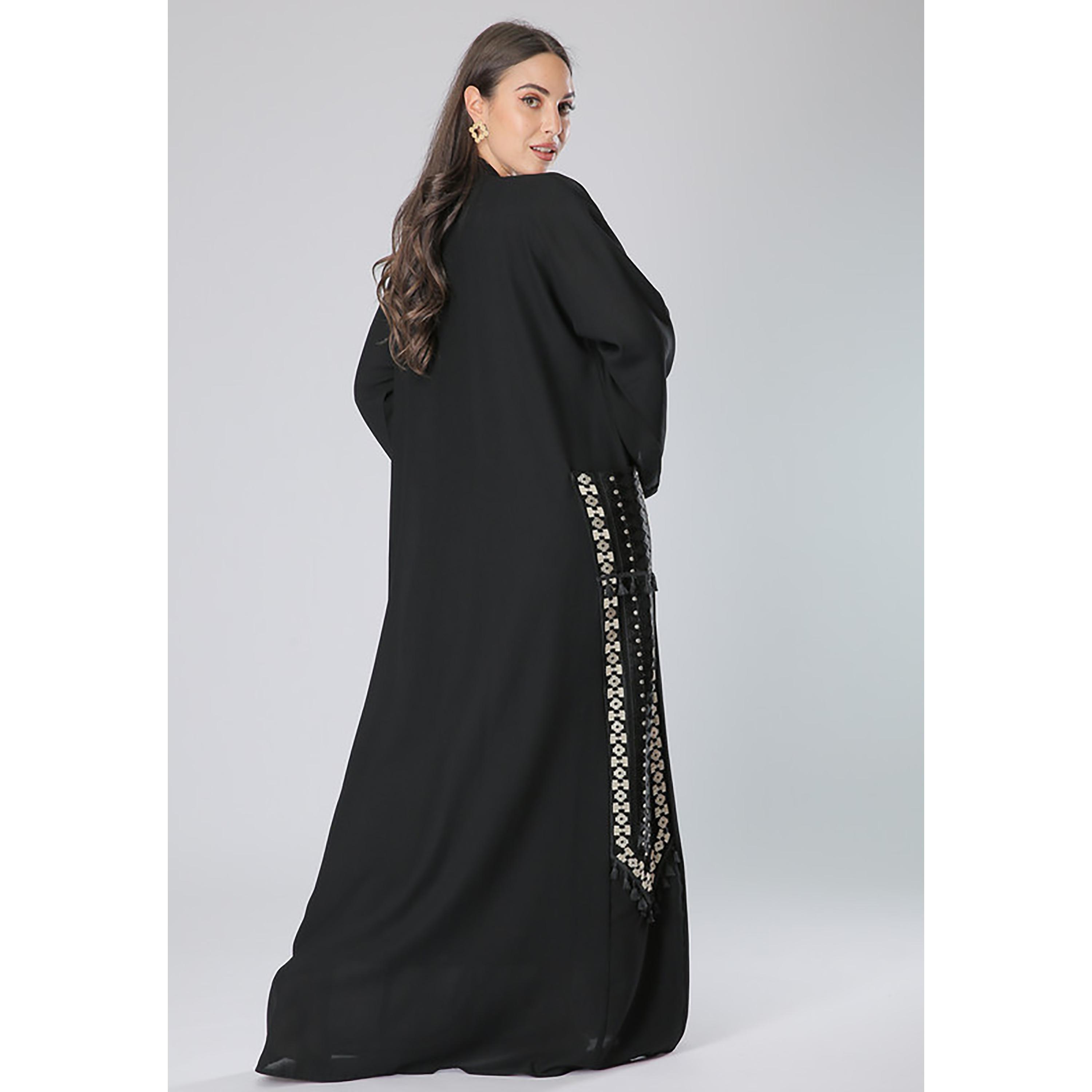 MOiSTREET Black Embroidered Crepe Flared Sleeves Abaya with Sheila-women-arabicclothing-abayas-image-4