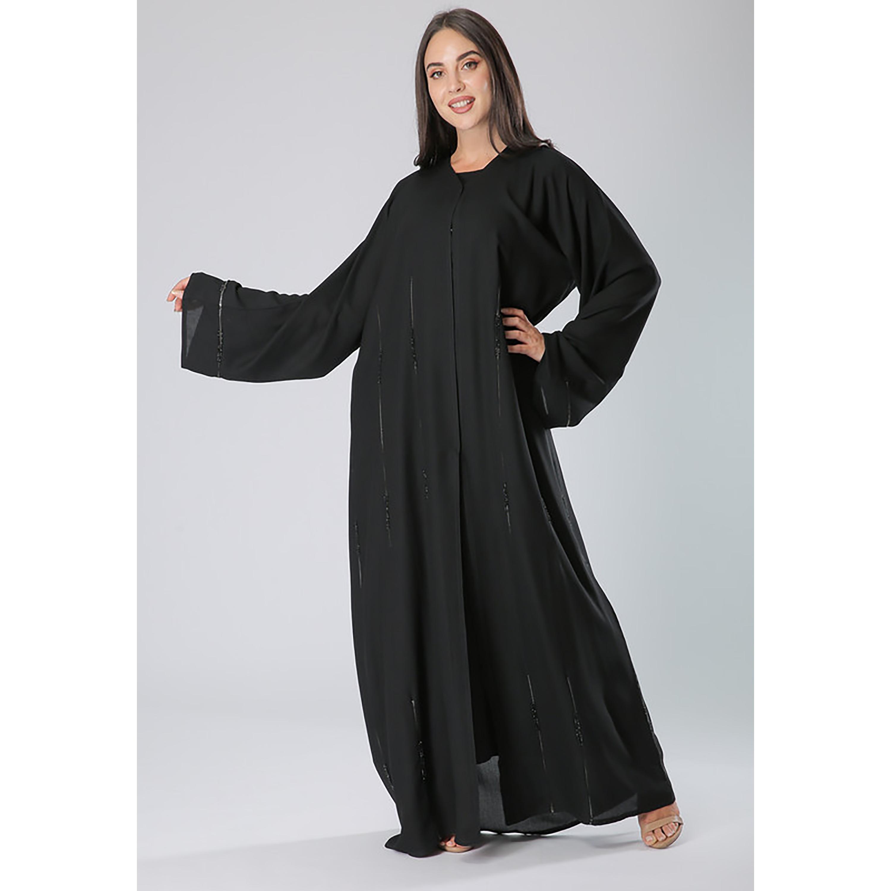 MOiSTREET Black Beaded Crepe Flared Sleeves Abaya with Sheila-women-arabicclothing-abayas-image-1