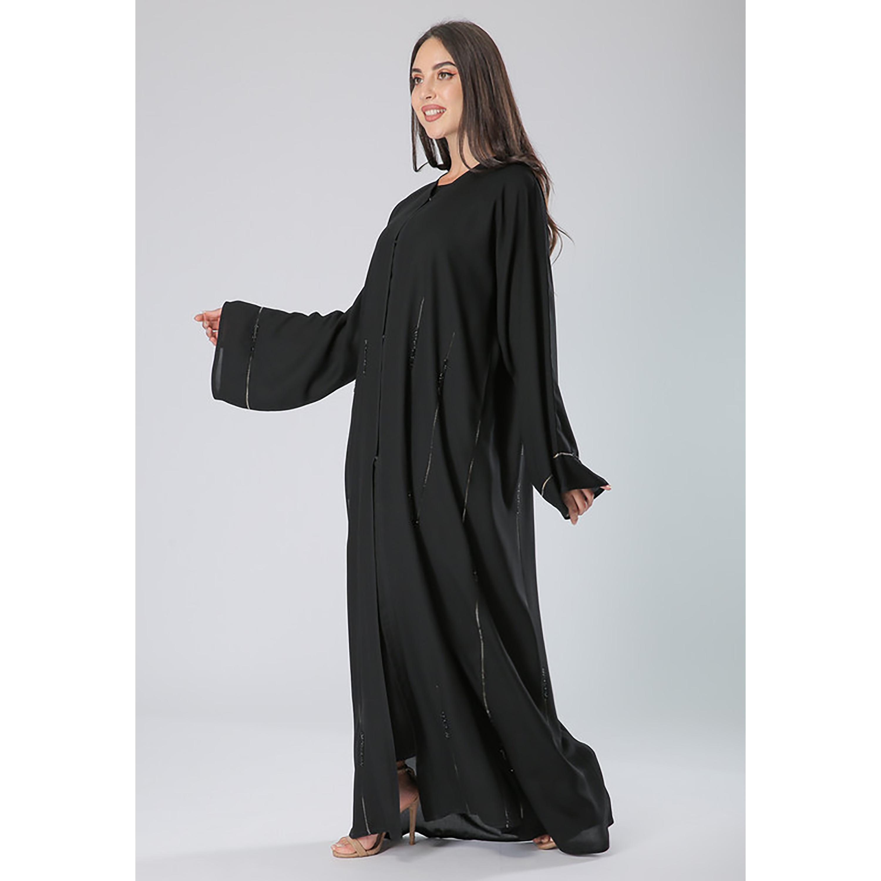 MOiSTREET Black Beaded Crepe Flared Sleeves Abaya with Sheila-women-arabicclothing-abayas-image-3