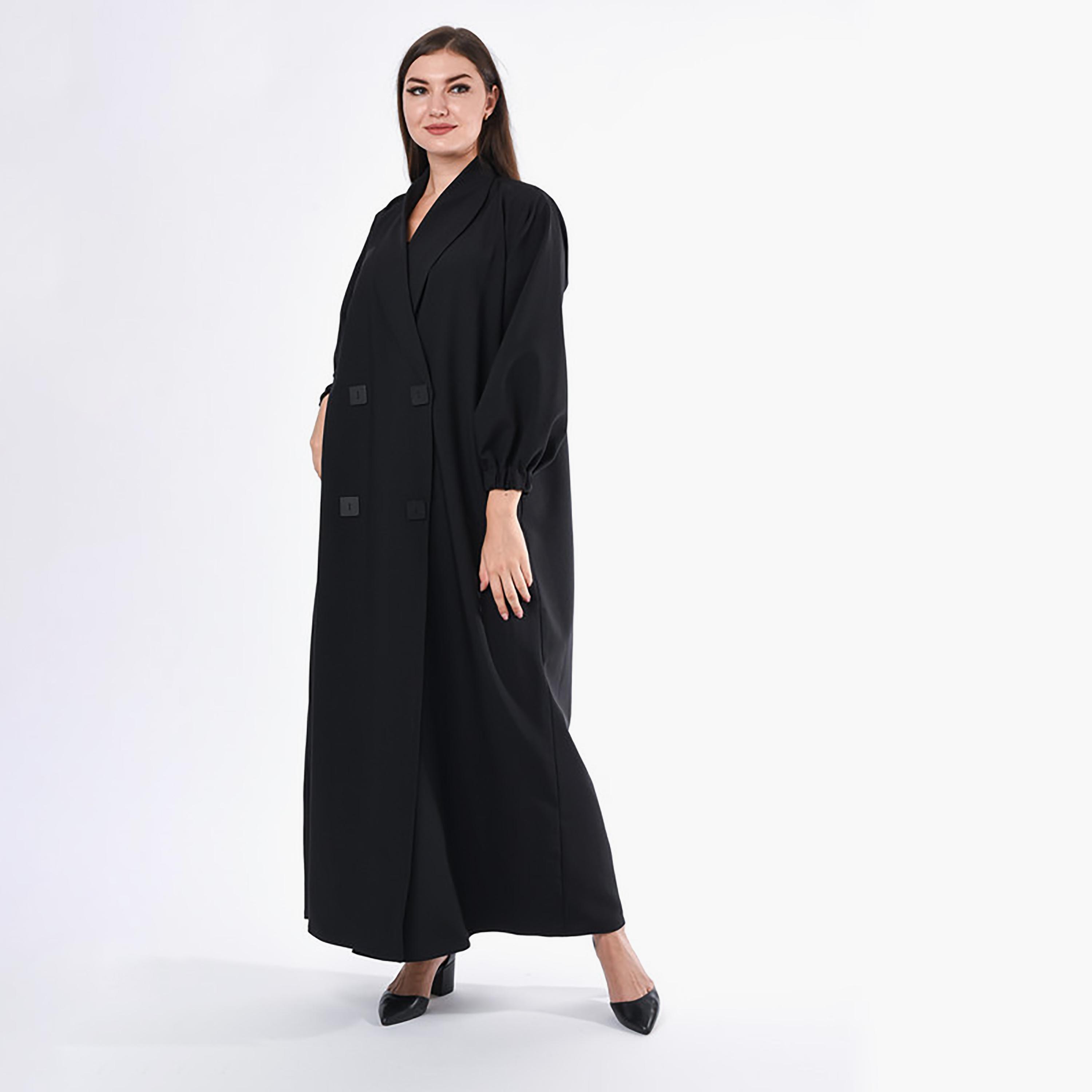 MOiSTREET Black Button Detailed Crepe Coat Style Abaya with Sheila-women-arabicclothing-abayas-image-1