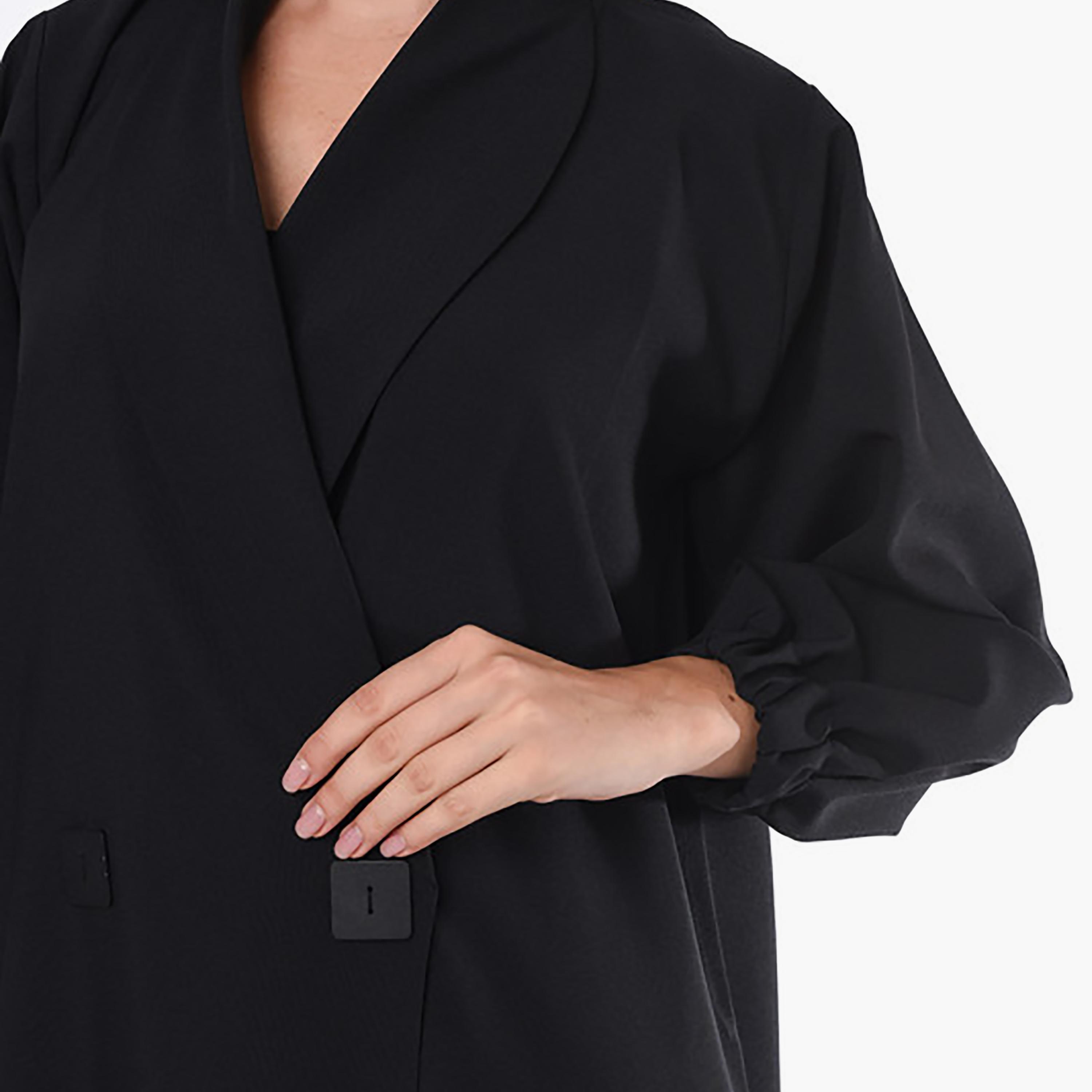 MOiSTREET Black Button Detailed Crepe Coat Style Abaya with Sheila-women-arabicclothing-abayas-image-2