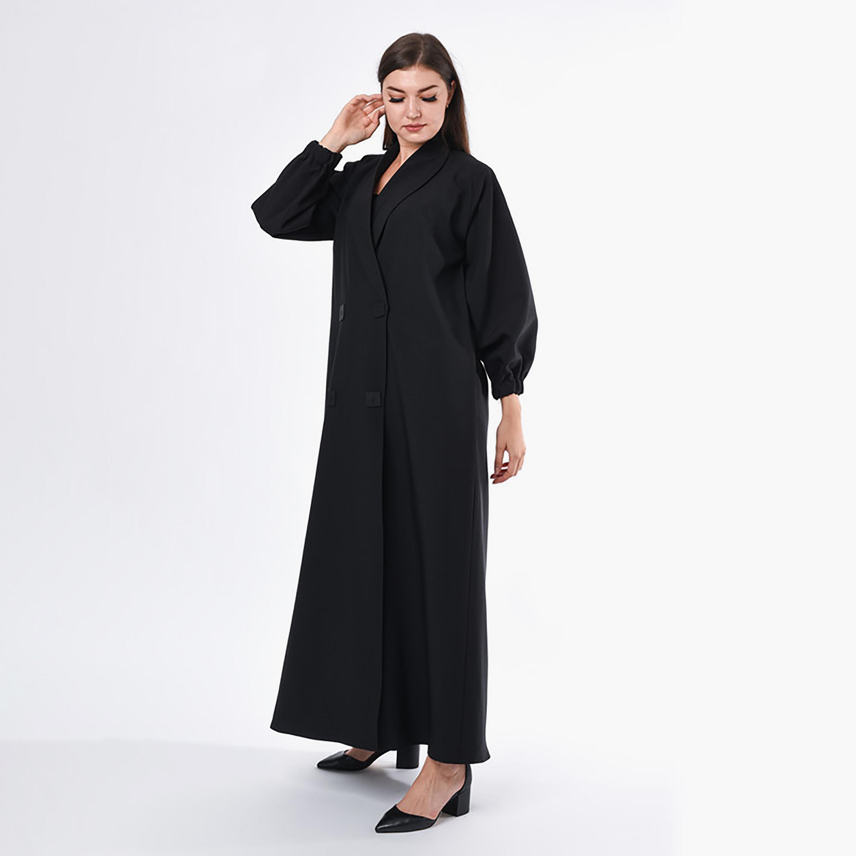 MOiSTREET Black Button Detailed Crepe Coat Style Abaya with Sheila-women-arabicclothing-abayas-image-3