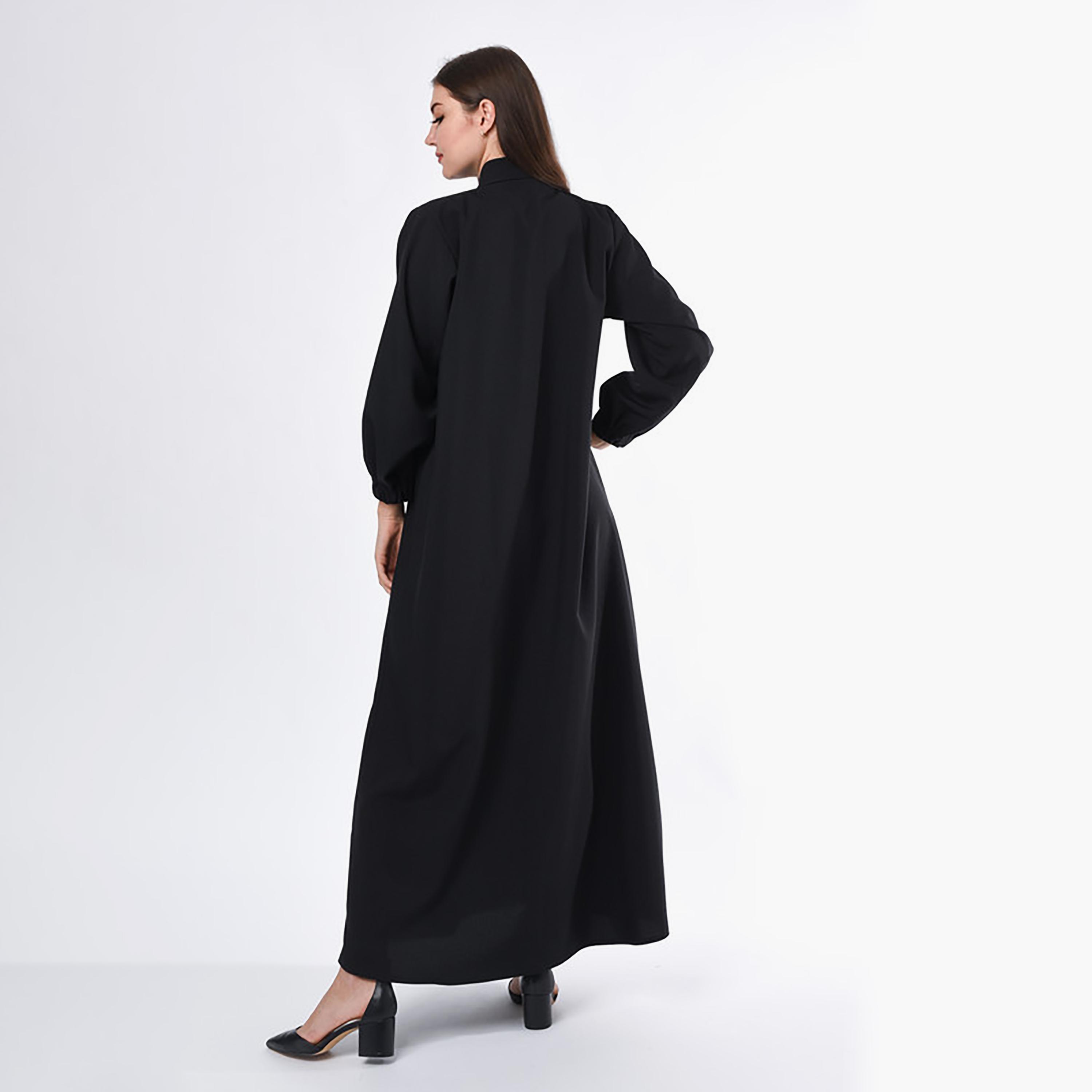 MOiSTREET Black Button Detailed Crepe Coat Style Abaya with Sheila-women-arabicclothing-abayas-image-4