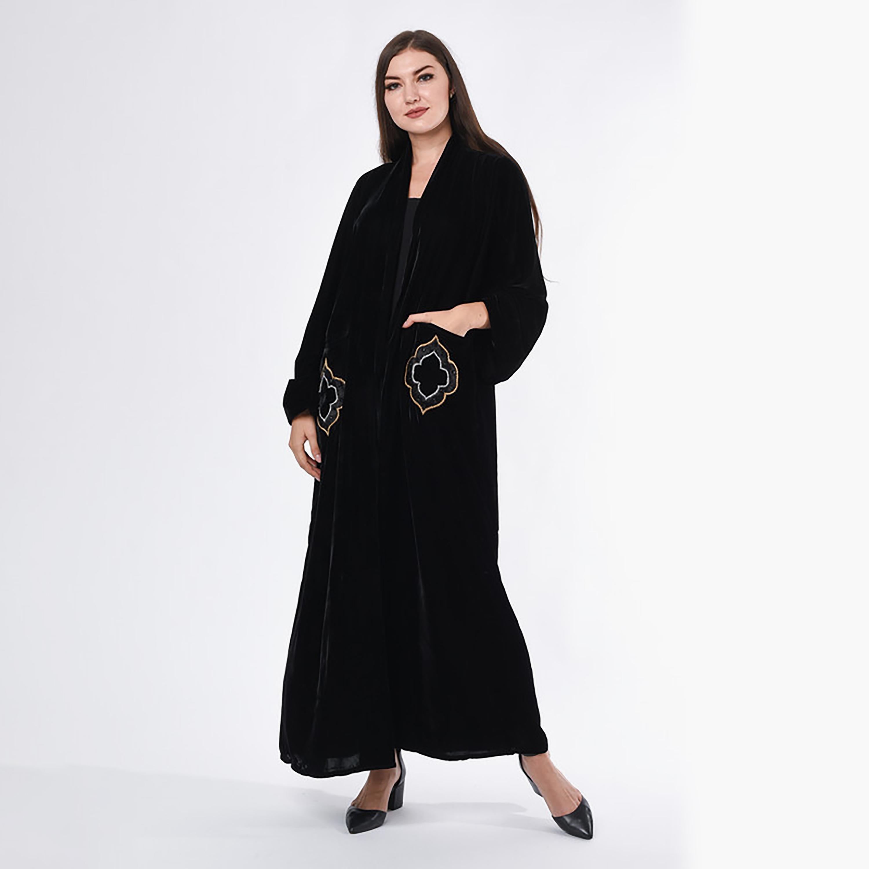 MOiSTREET Black Embroidered Velvet Abaya with Sheila-women-arabicclothing-abayas-image-1